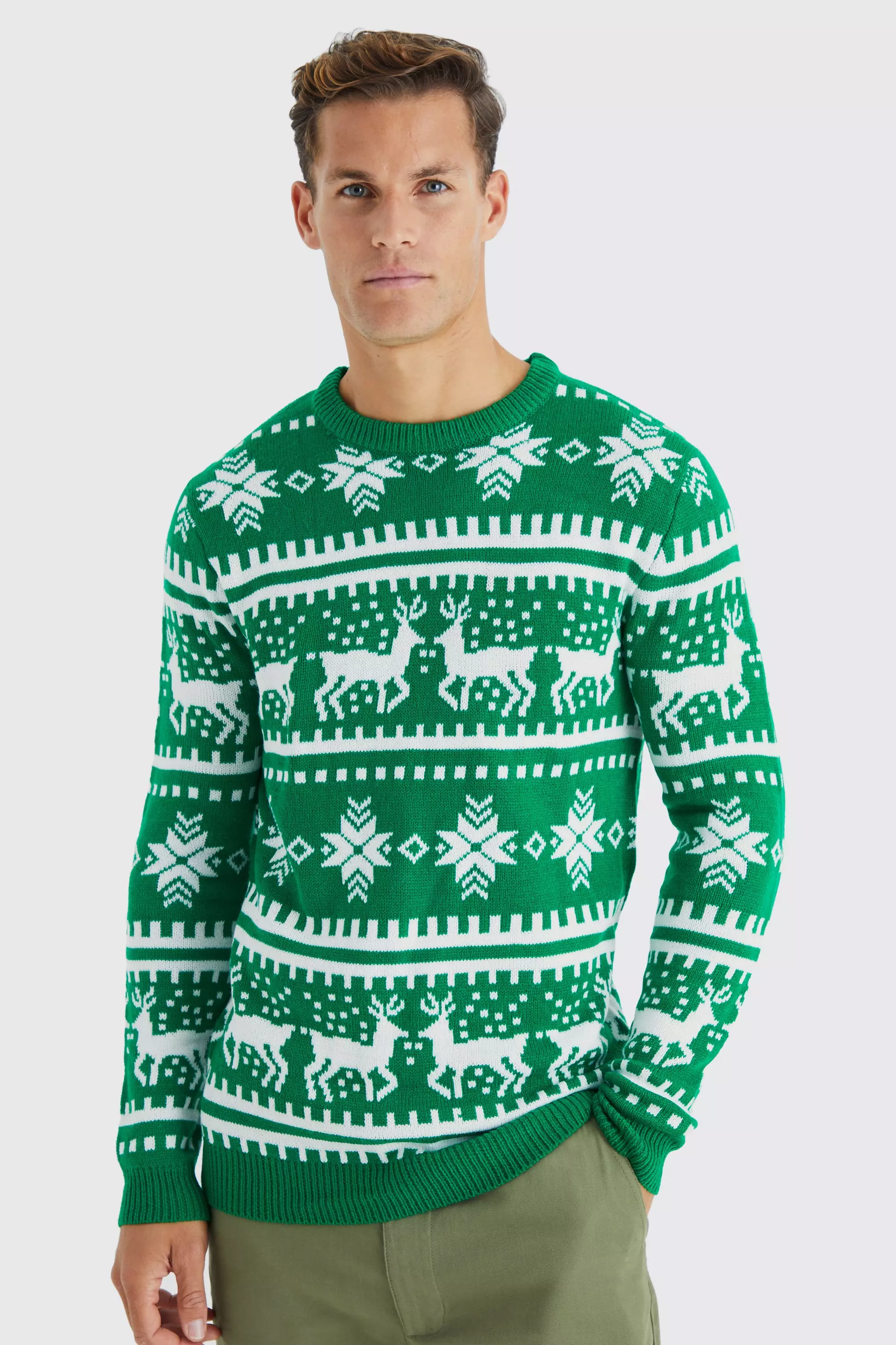 Green Tall Reindeer Fairisle Christmas Sweater
