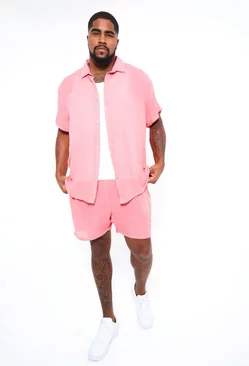 Plus Short Sleeve Cheese Cloth Shirt And Short Set Pink