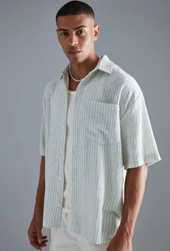 Short Sleeve Oversized Linen Look Stripe Shirt green