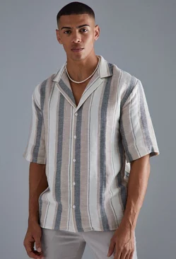Short Sleeve Drop Revere Stripe Linen Shirt Stone