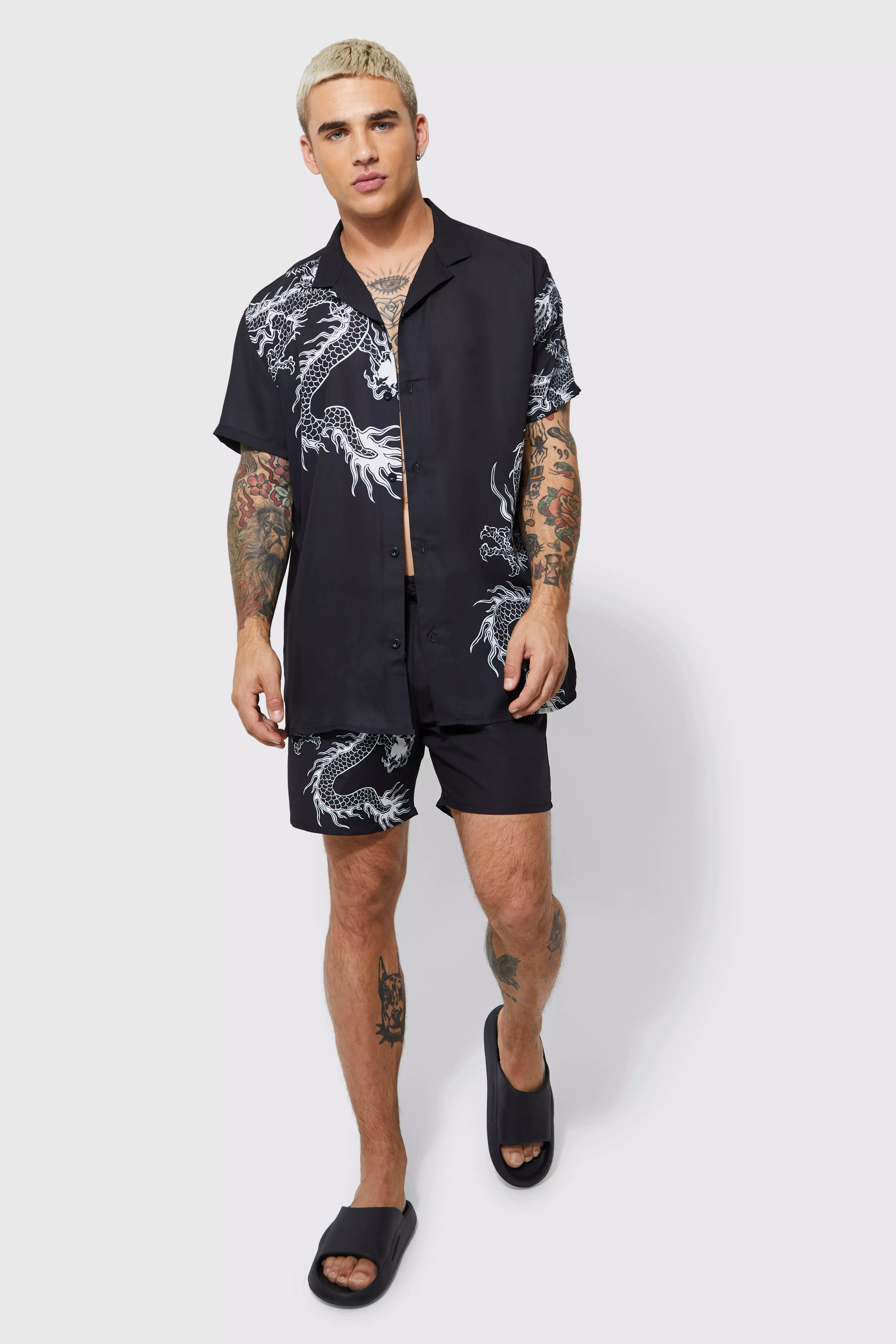 Short Sleeve Oversized Dragon Shirt And Swim Black