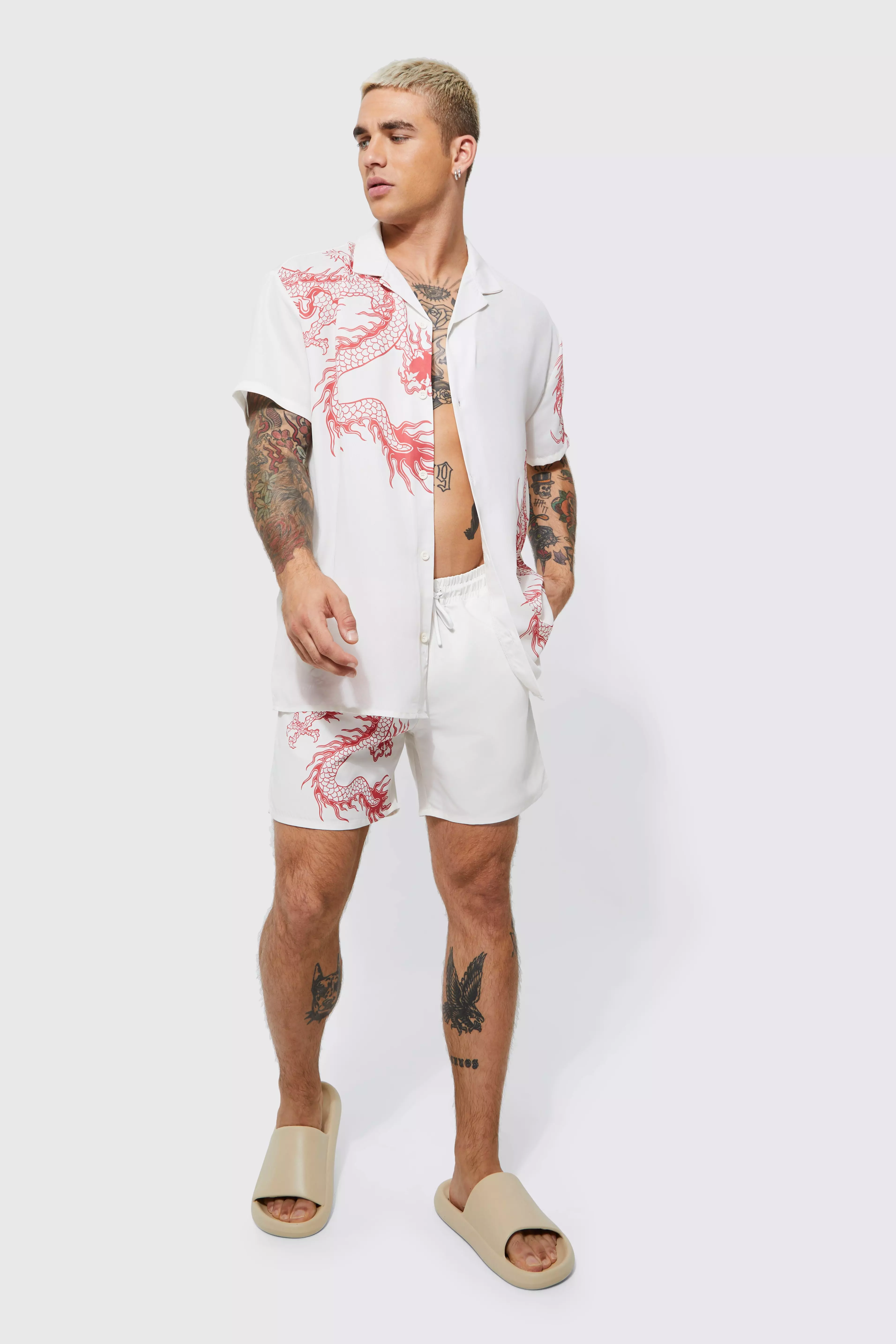 Short Sleeve Oversized Dragon Shirt And Swim Ecru