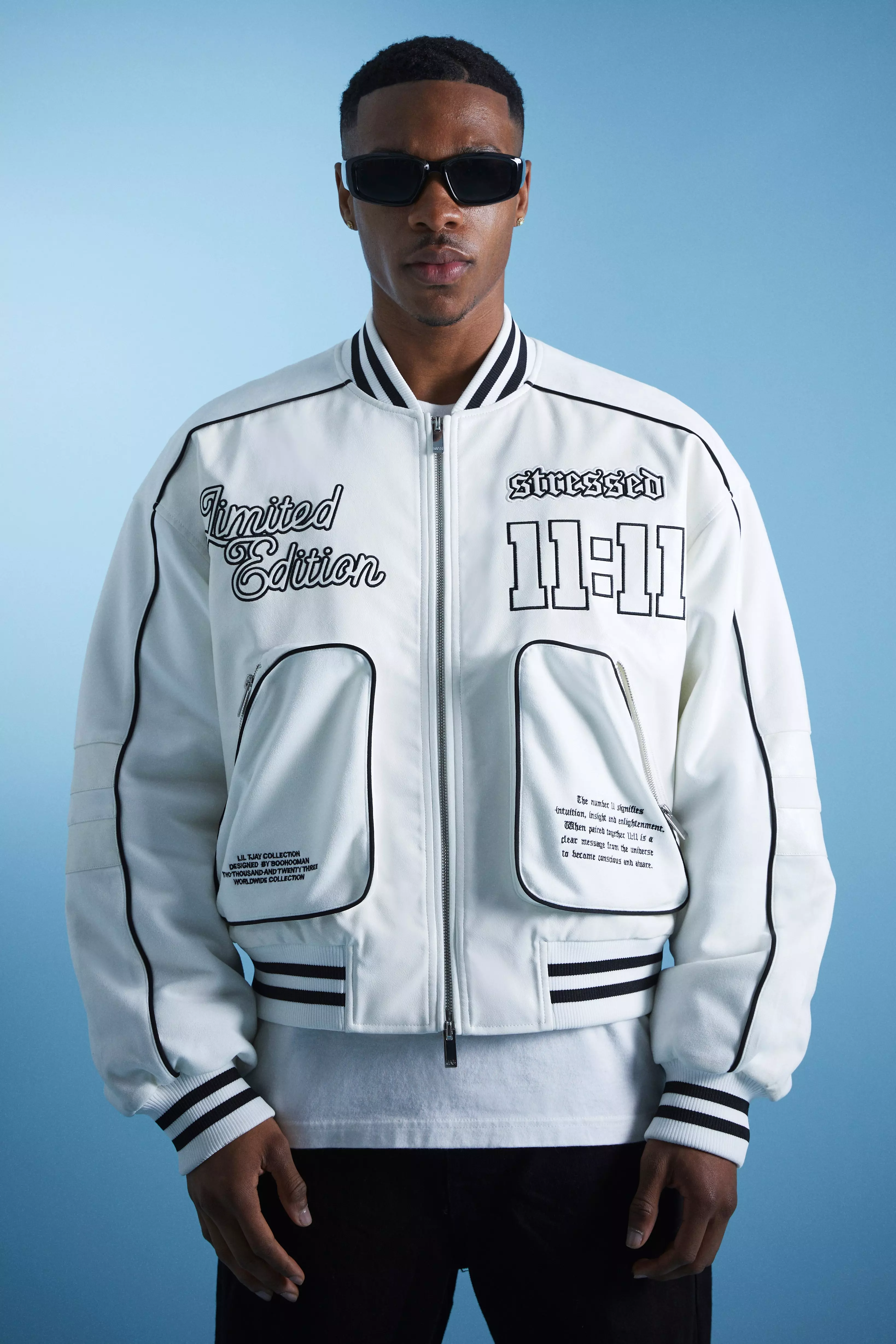 White Lil Tjay Boxy Pu & Suede Mix Bomber alternative image
