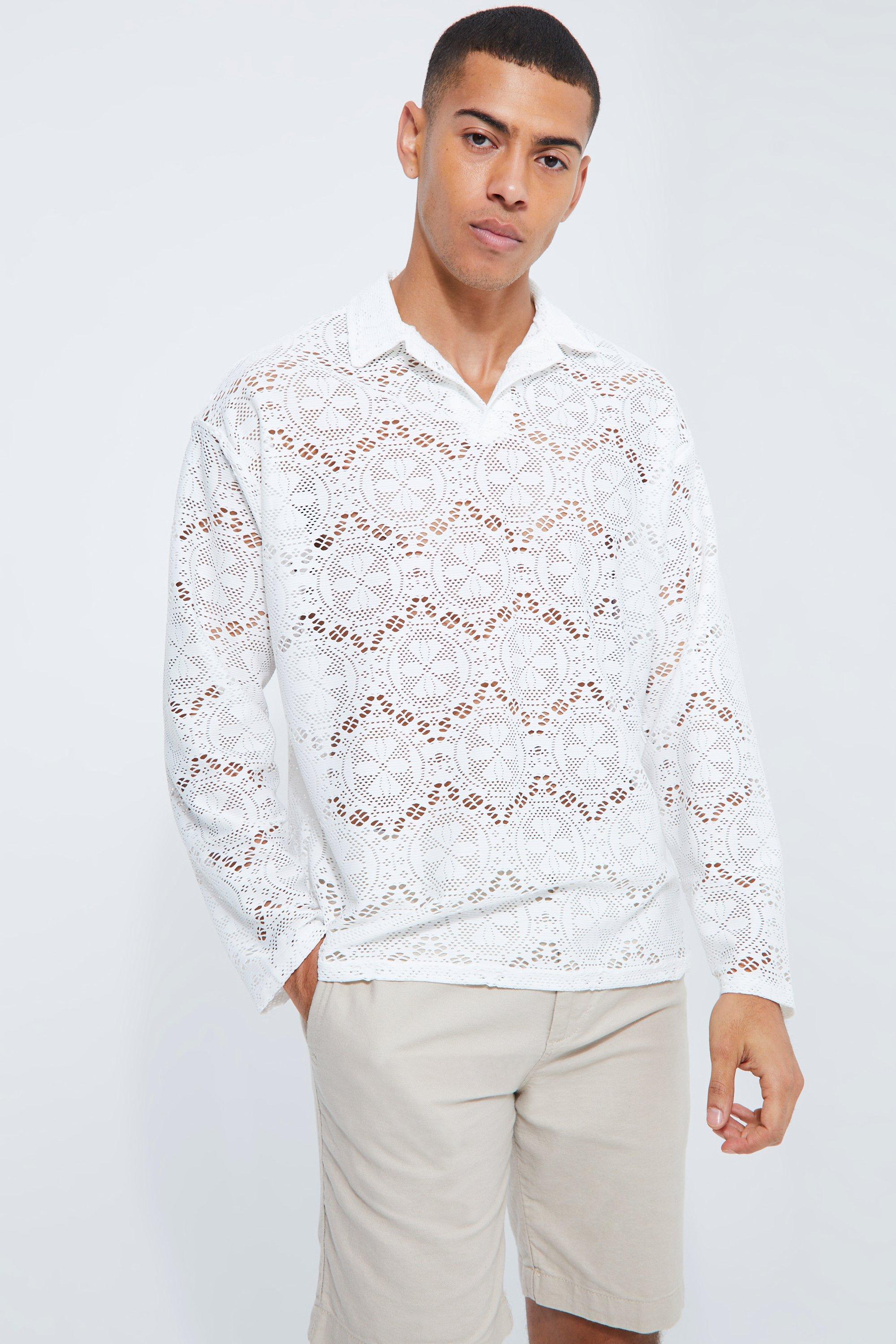 Oversized Long Sleeve Lace Revere Polo | boohooMAN USA