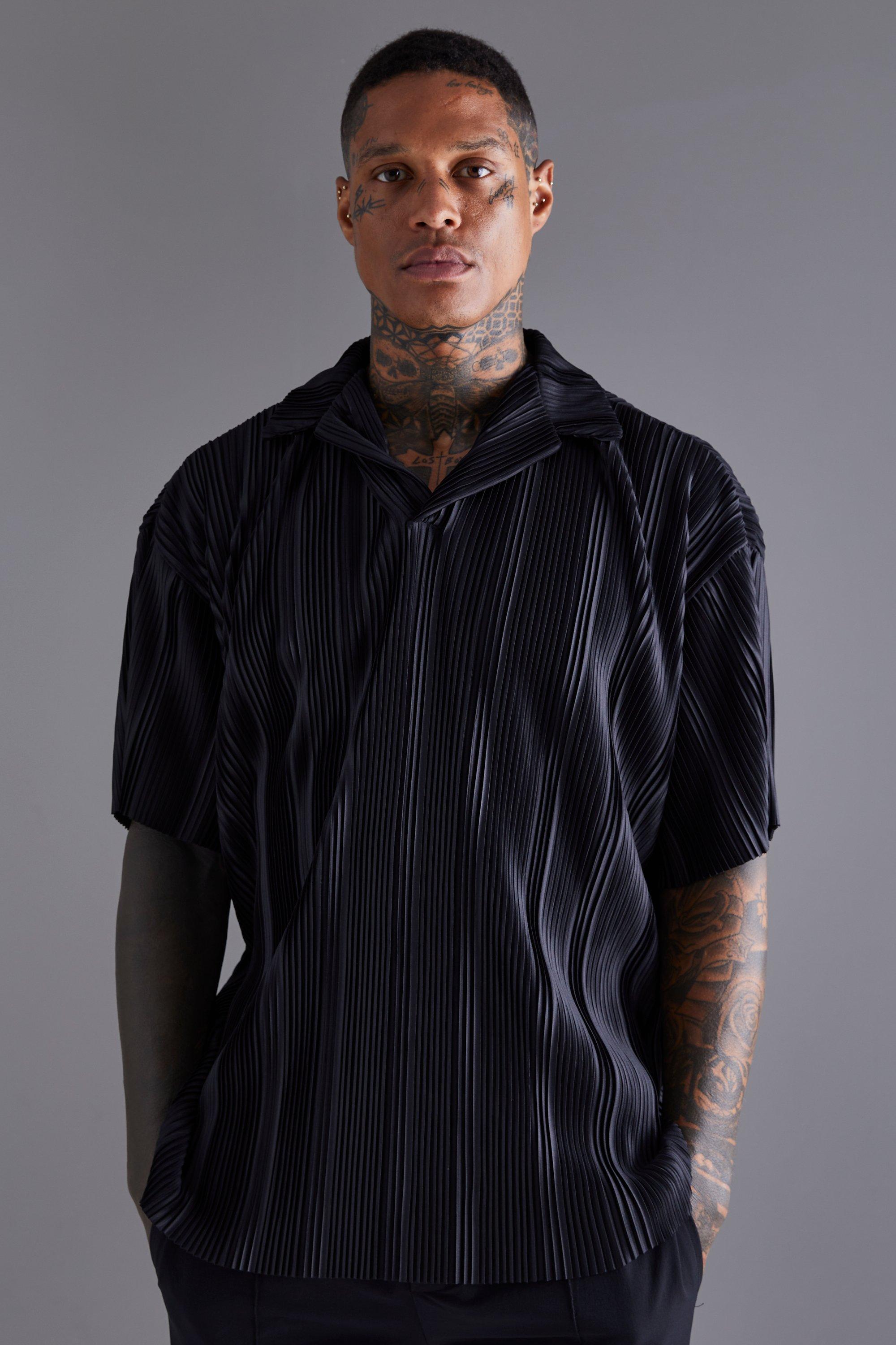 Short Sleeve Revere Oversized Pleated Shirt