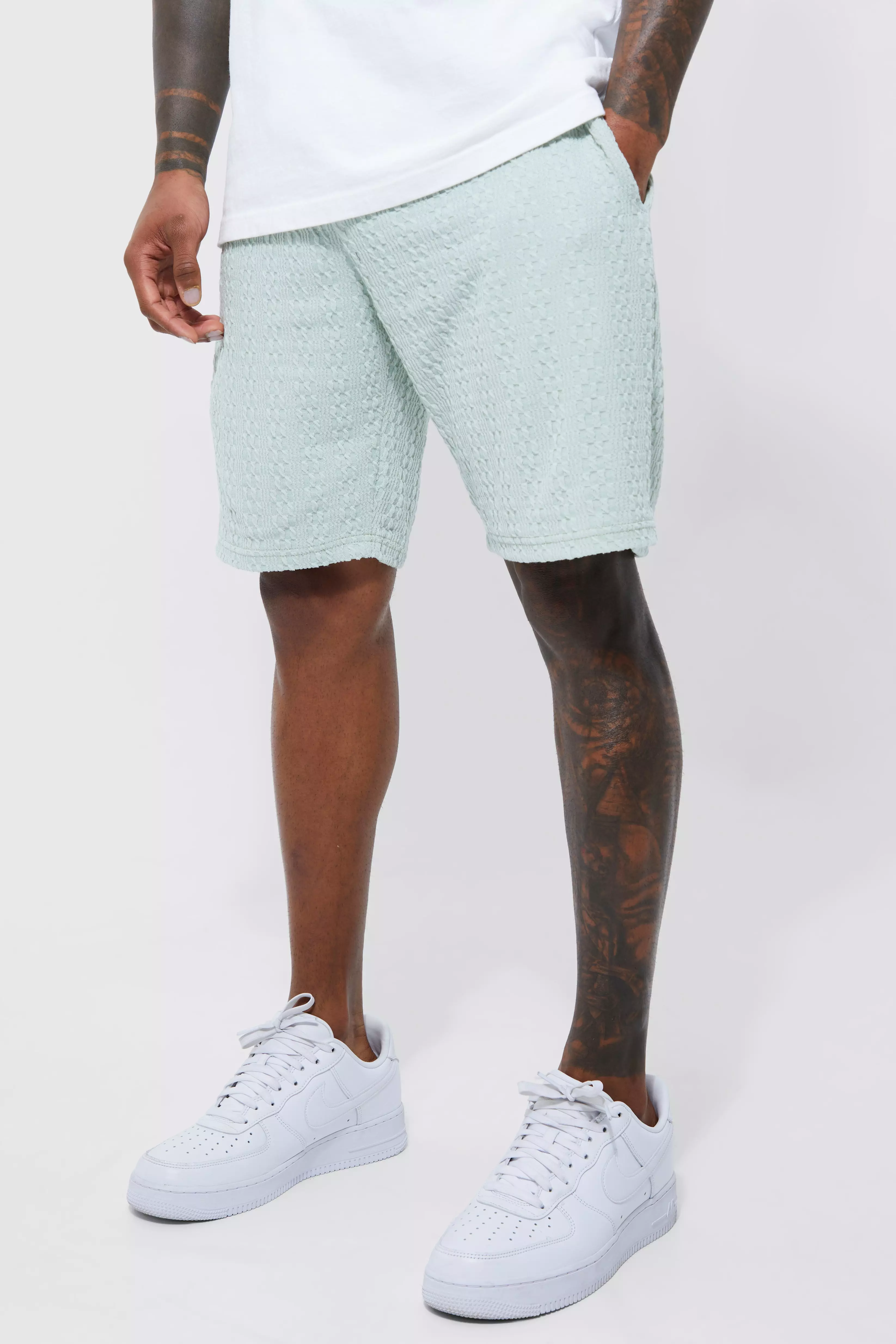 Sage Green Slim Fit Mid Length Textured Sweat Shorts