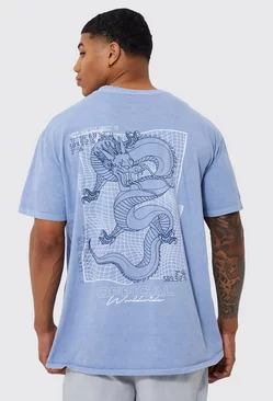 Oversized Overdyed Dragon Graphic T-shirt Blue