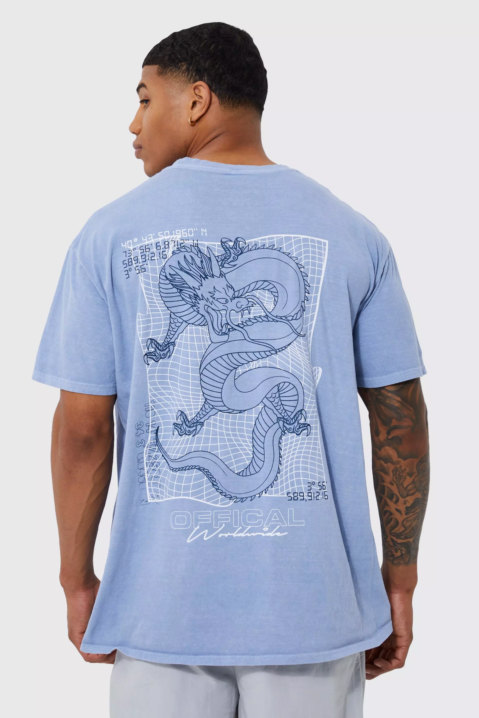 Oversized Overdyed Dragon Graphic T-shirt Blue