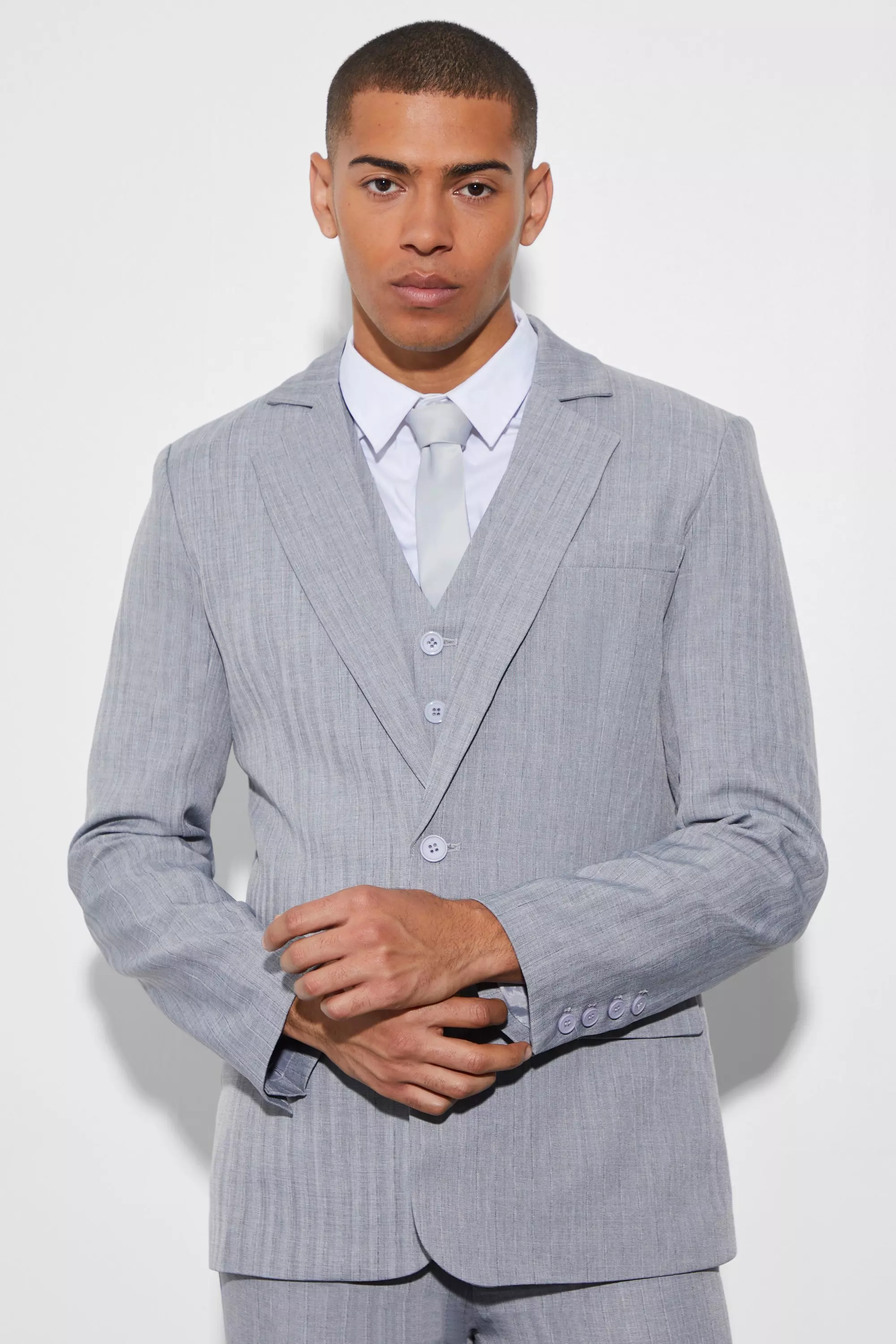 Giacca Completo A Monopetto Skinny Fit Con Trama, Navy immagine alternativa