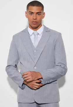 Navy Skinny Single Breasted Textured Suit Jacket