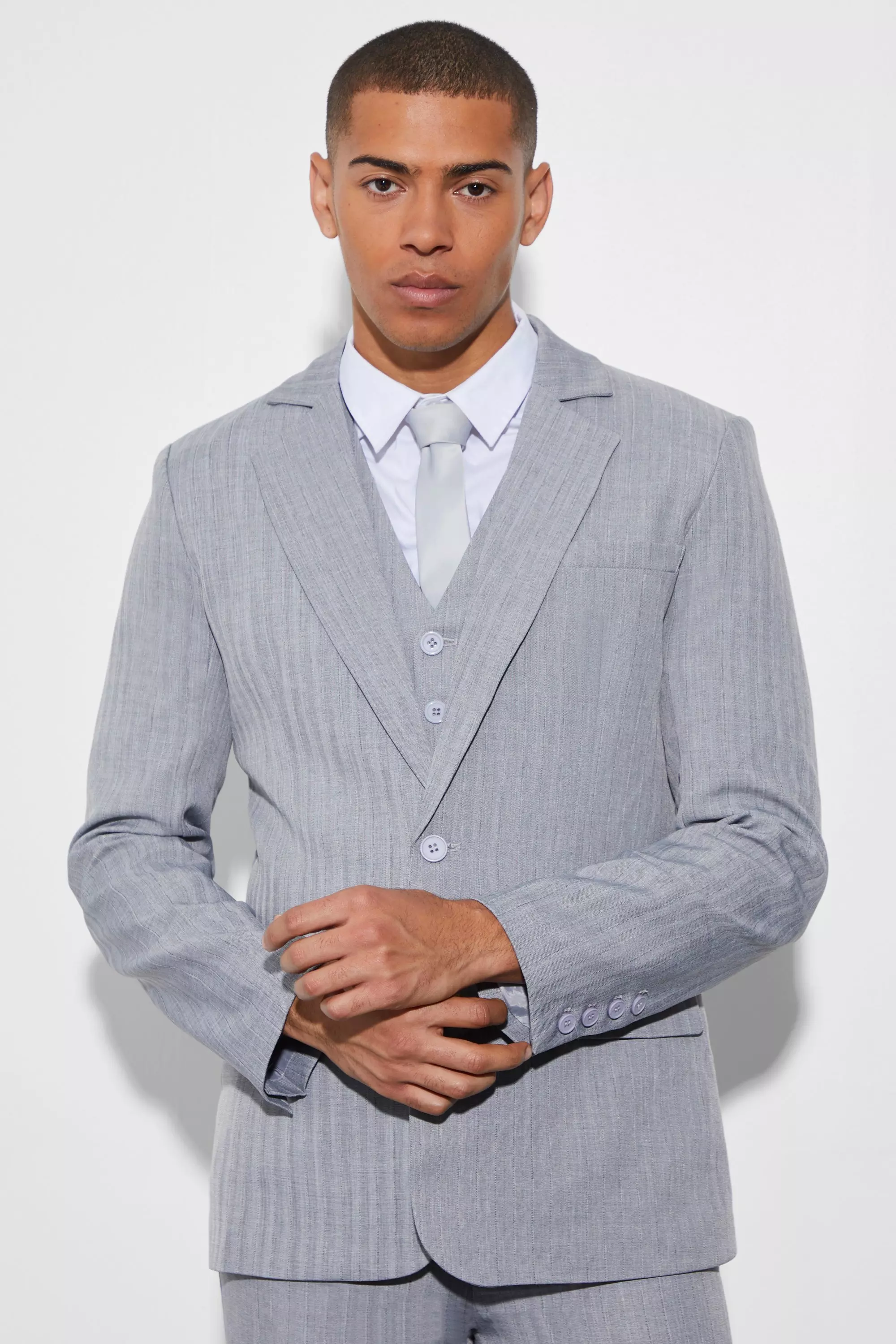 Skinny Single Breasted Textured Suit Jacket Navy