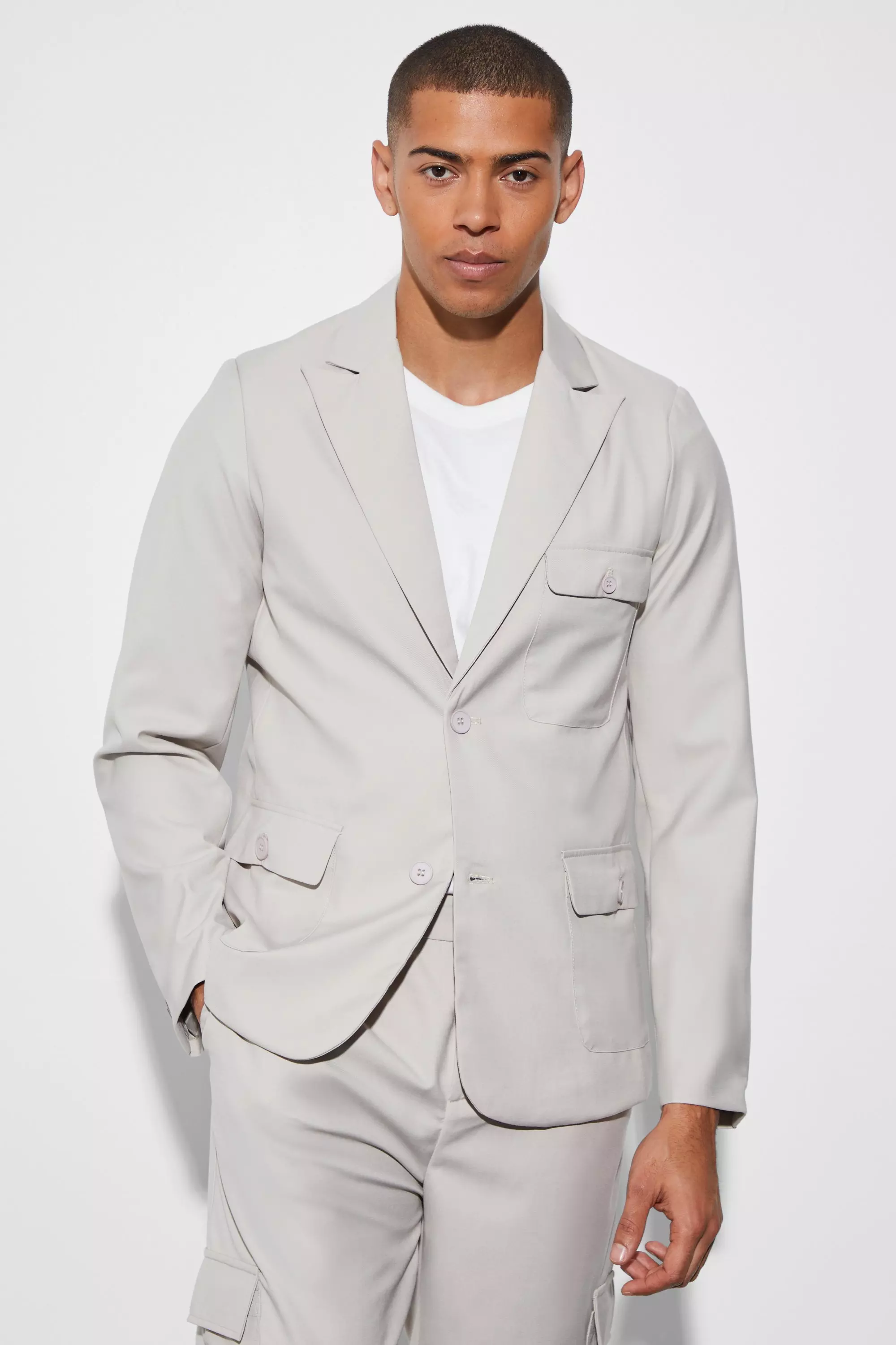 Slim Single Breasted Cargo Suit Jacket Taupe