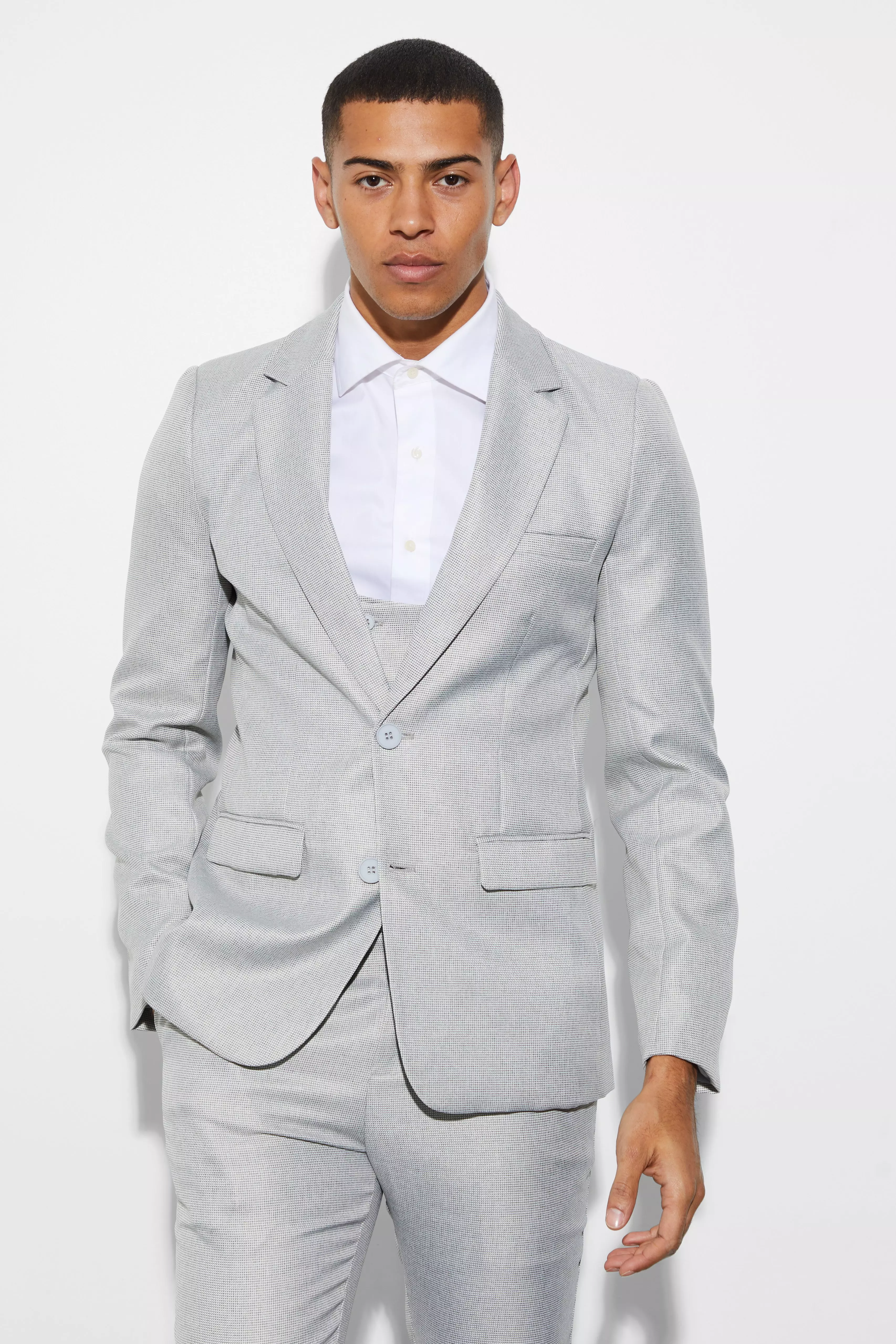 Skinny Single Breast Mini Texture Suit Jacket Light grey