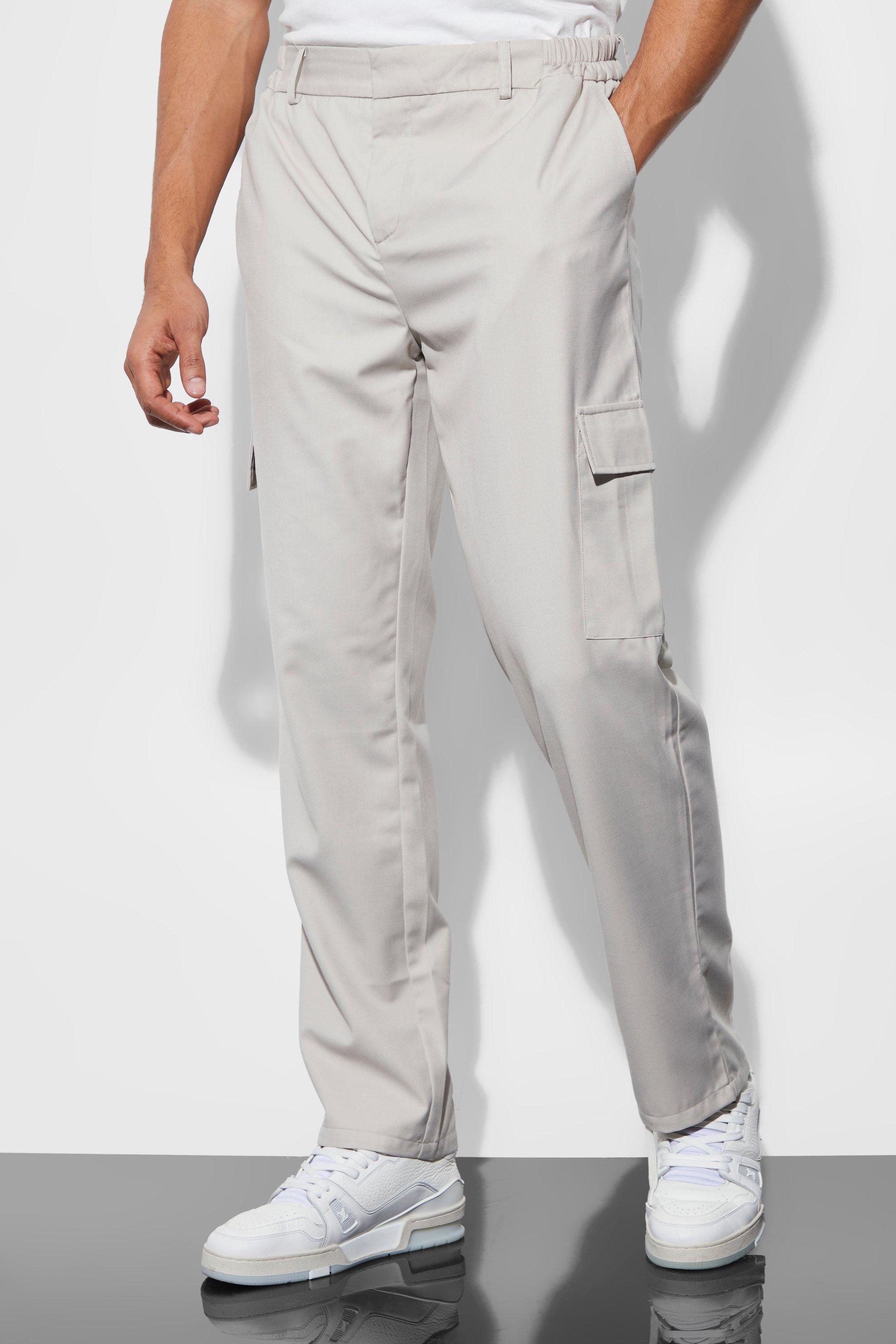 Taupe Elasticated Straight Leg Cargo Suit Trousers