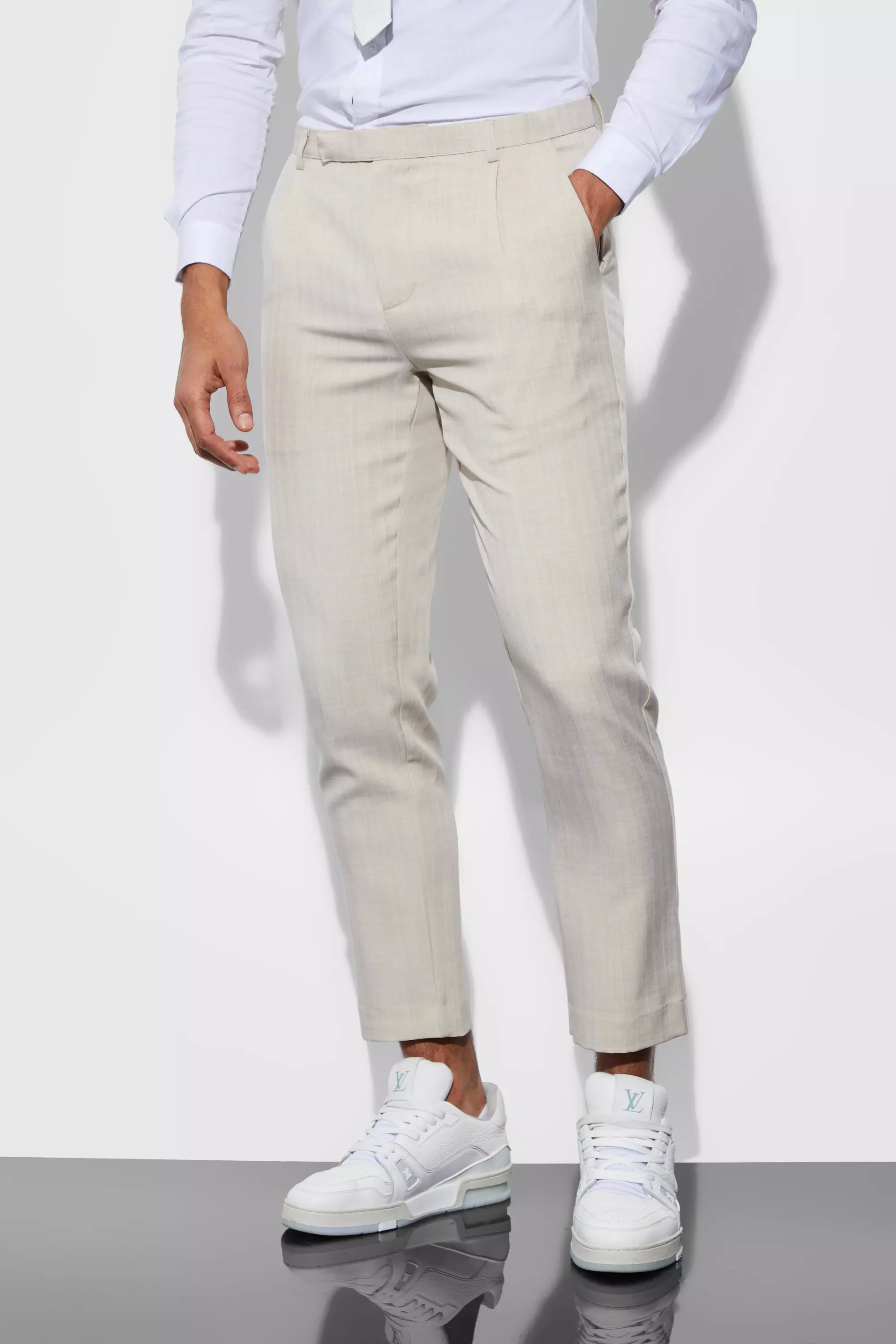 Beige Slim Cropped Texture Suit Trousers alternative image