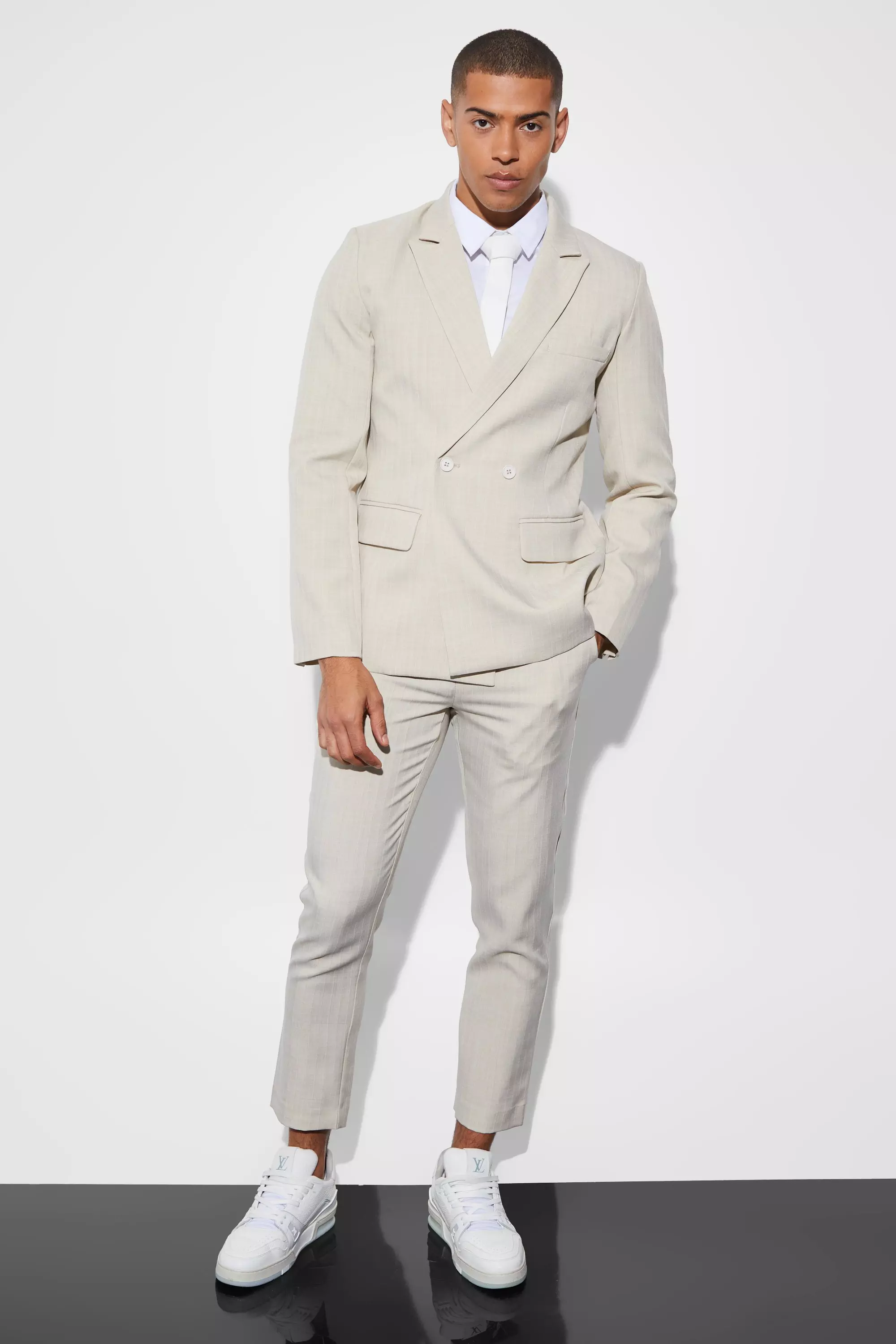 Beige Slim Cropped Texture Suit Trousers alternative image