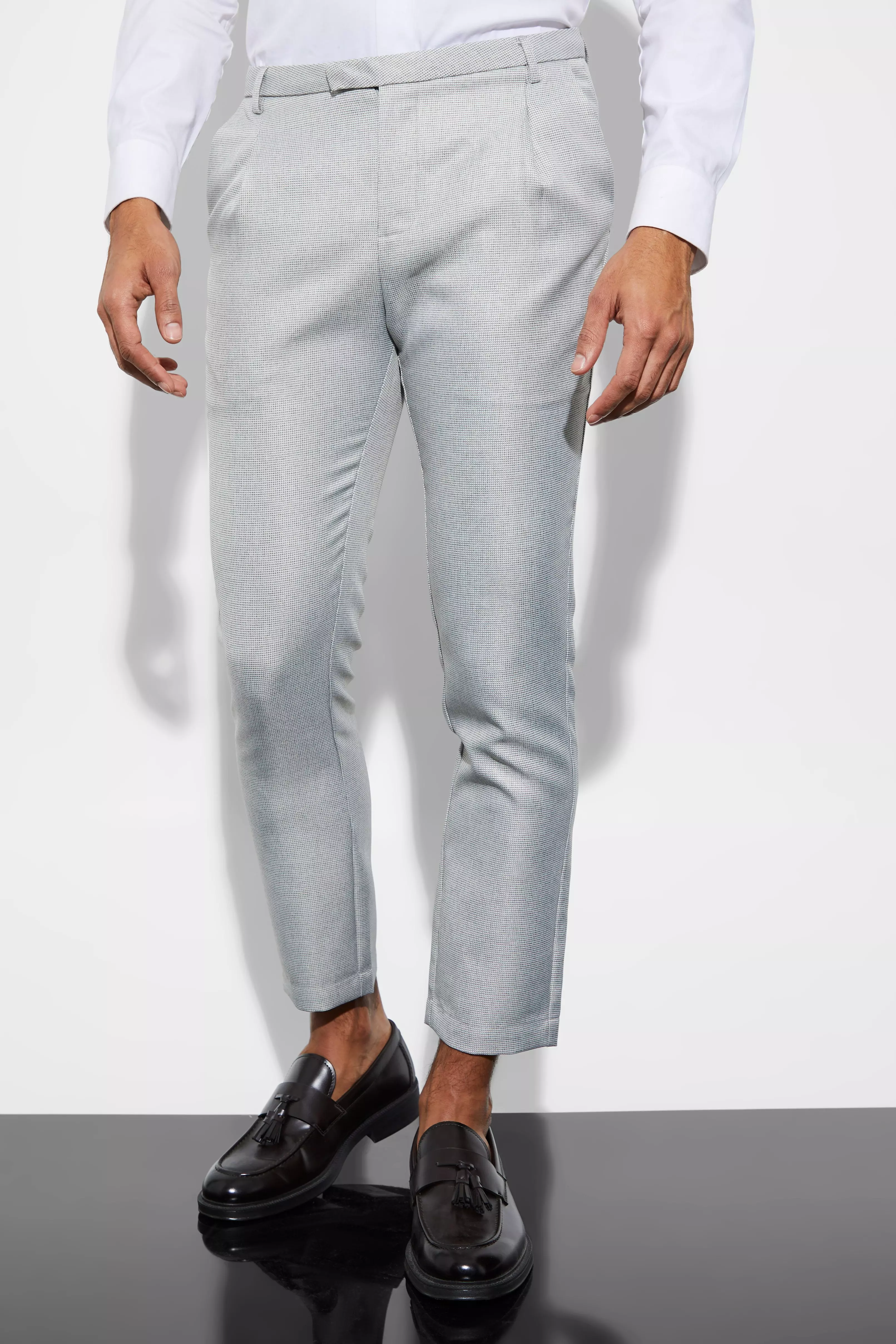 Grey Skinny Crop Mini Texture Suit Pants