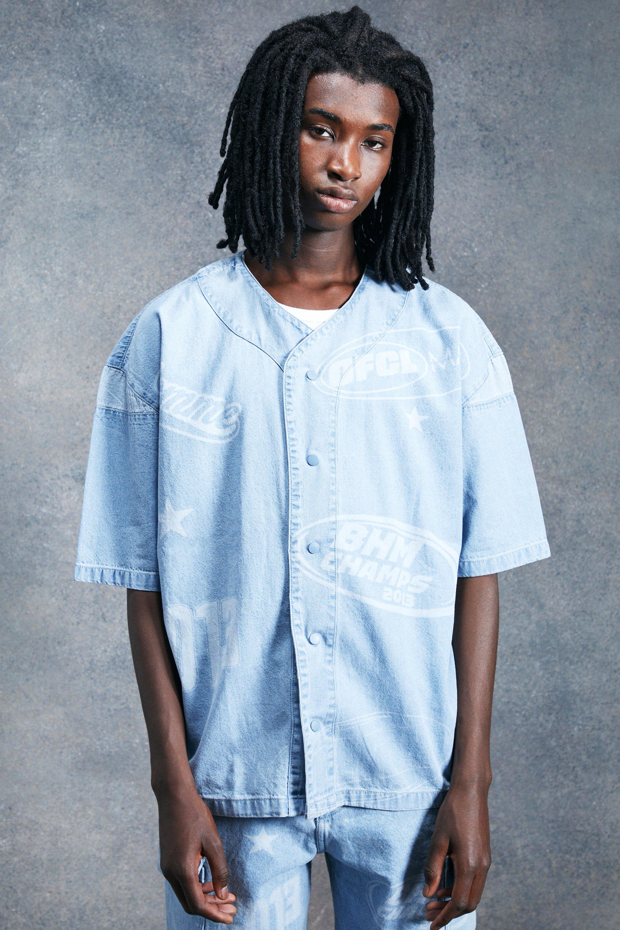 Baseball Jeanshemd mit Laser-Print, Light blue