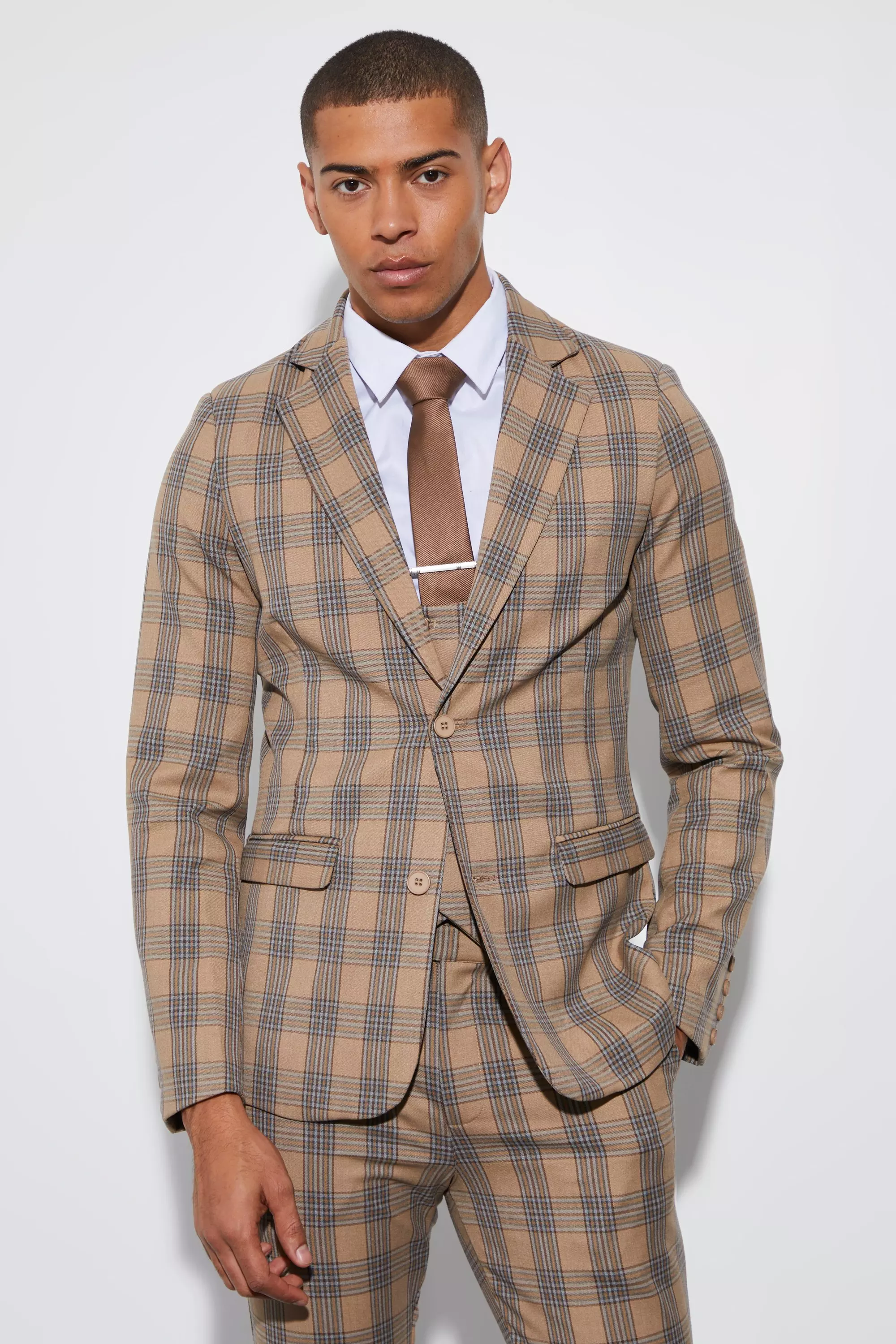 Skinny Single Breasted Check Suit Jacket Beige