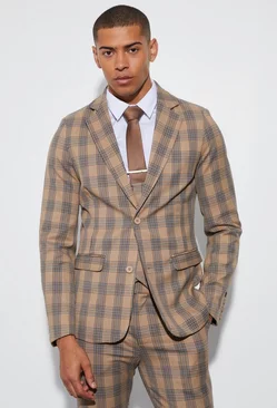 Beige Skinny Single Breasted Check Suit Jacket