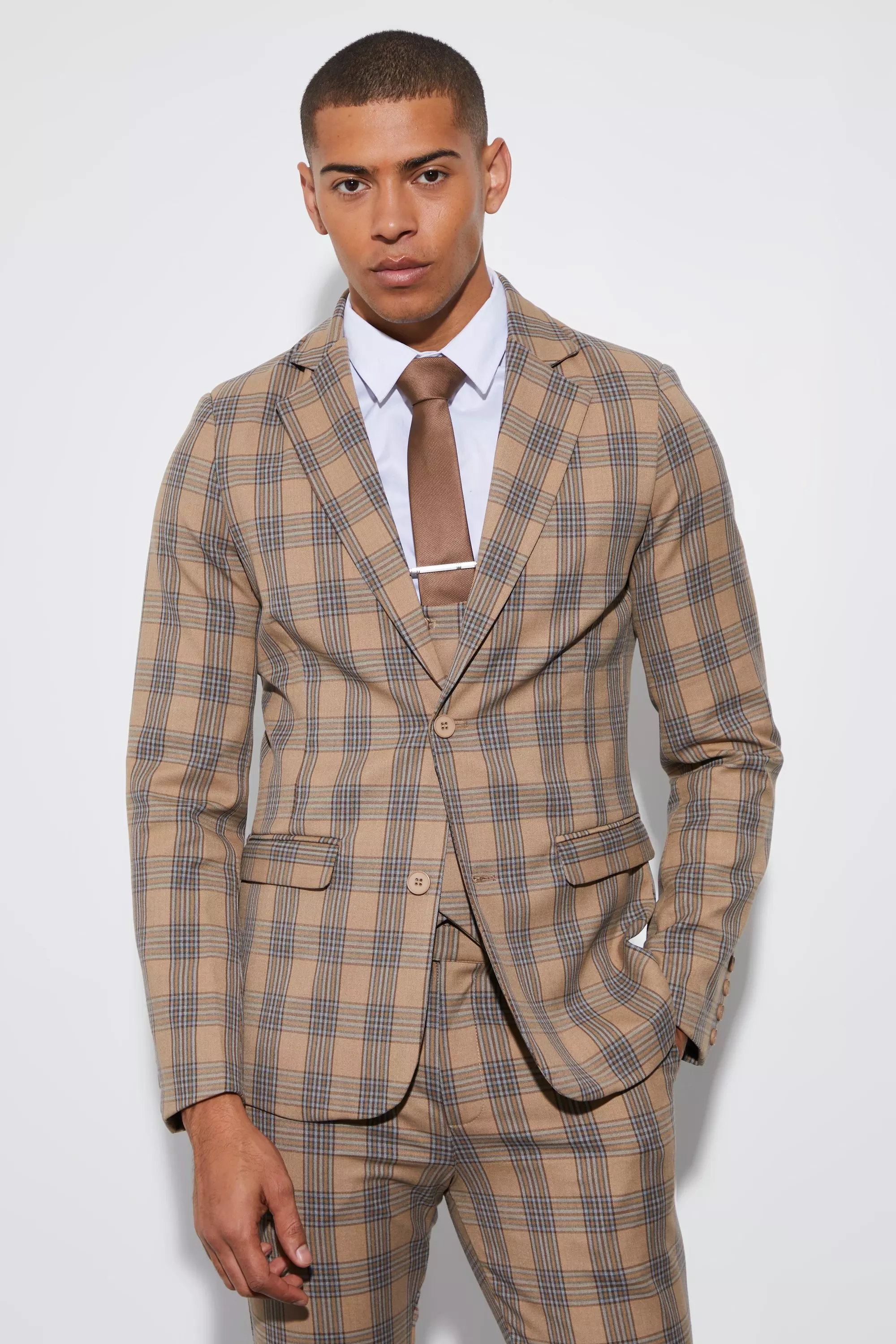 Beige Skinny Single Breasted Check Suit Jacket