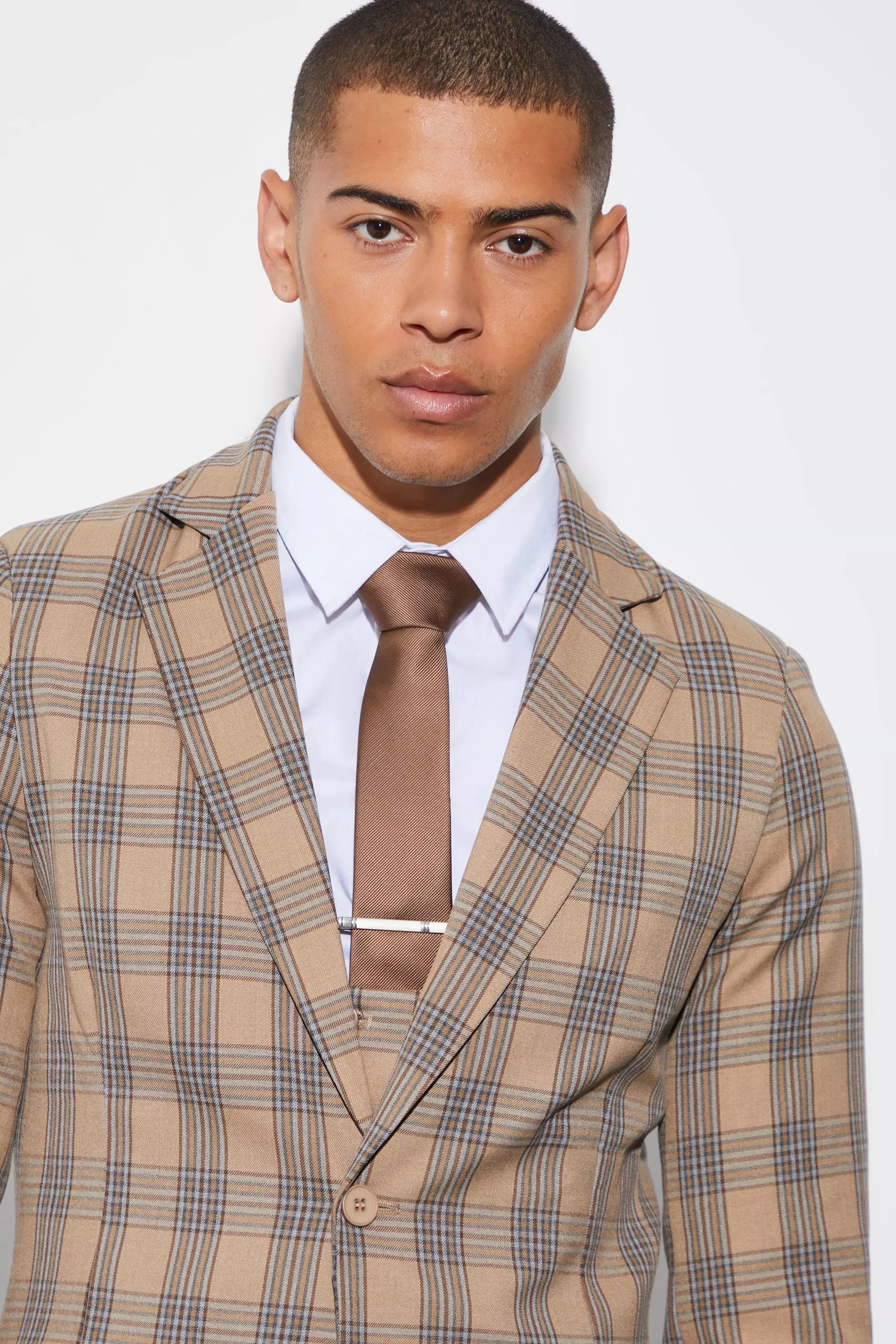 Einreihige karierte Anzugjacke, Beige alternatives Bild
