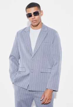 Grey Oversized Single Breasted Stripe Suit Jacket