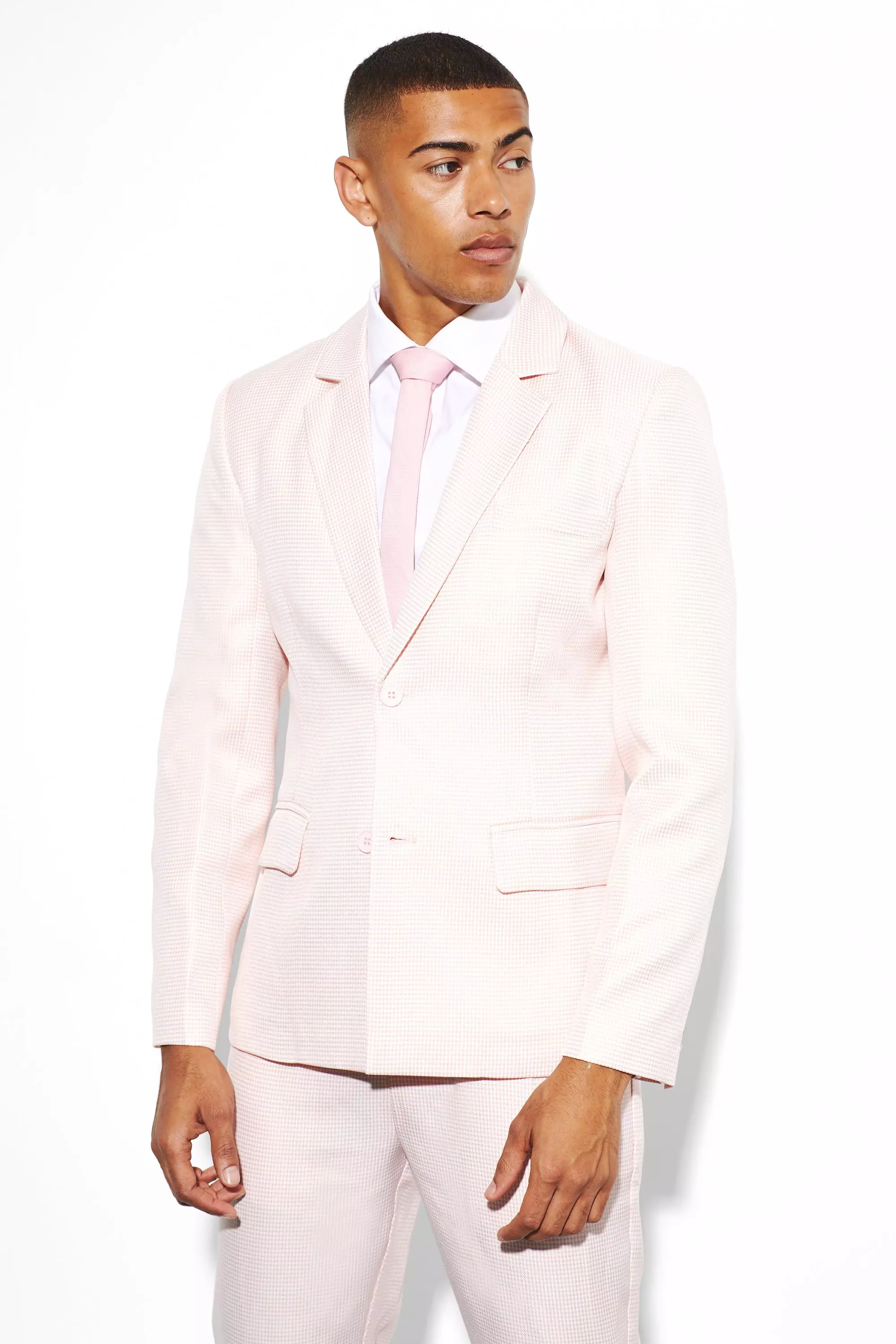 Slim Single Breasted Dogstooth Suit Jacket Pale pink