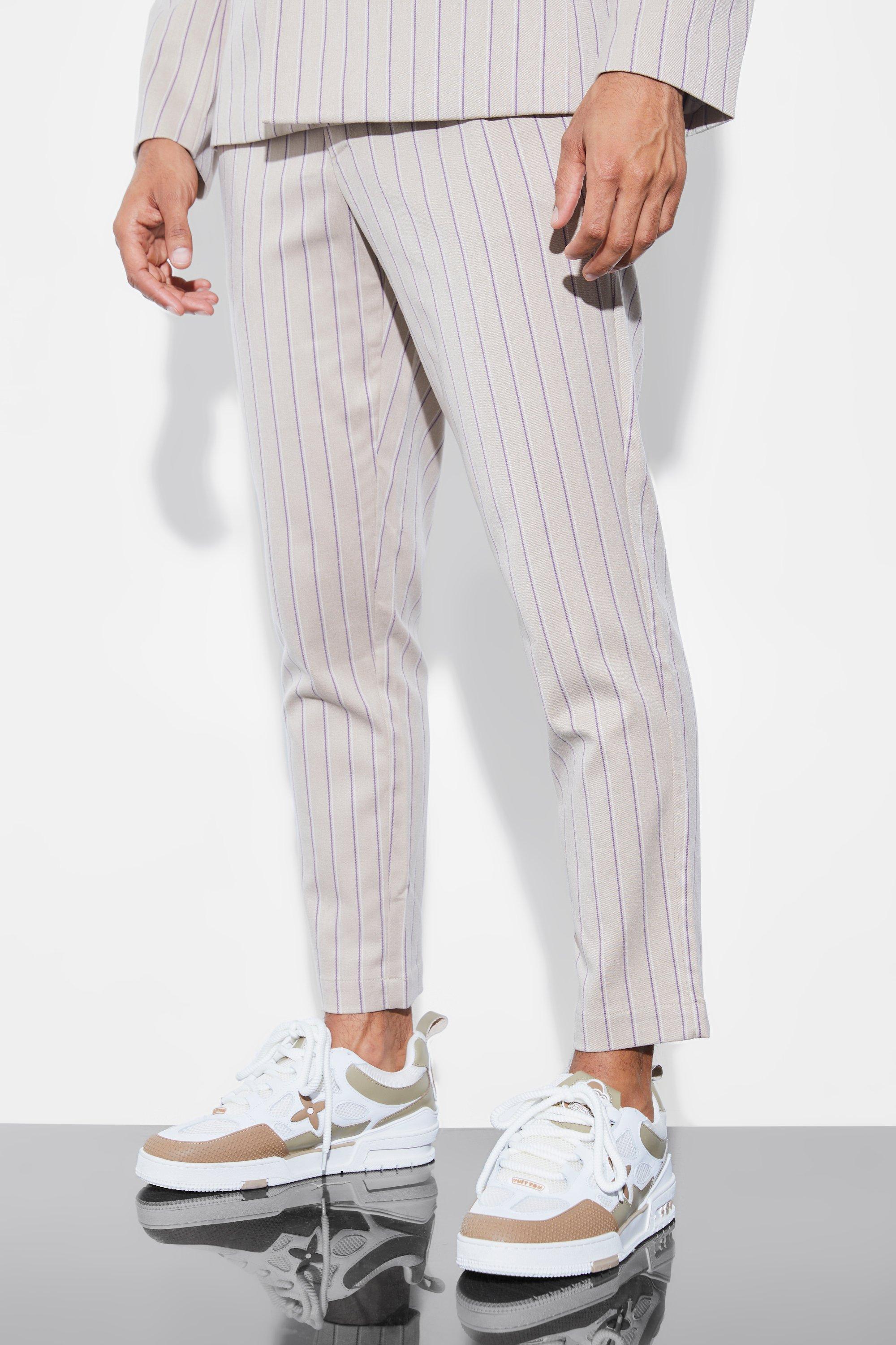 Beige Slim Crop Stripe Suit Trousers