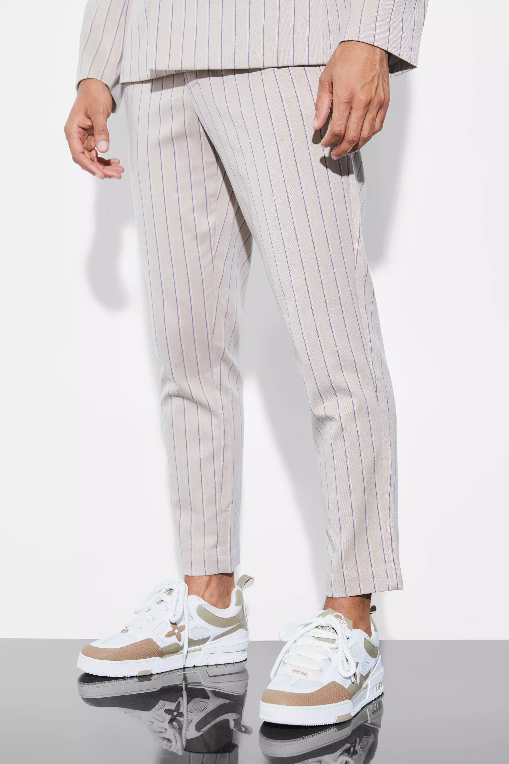 Beige Slim Crop Stripe Suit Pants