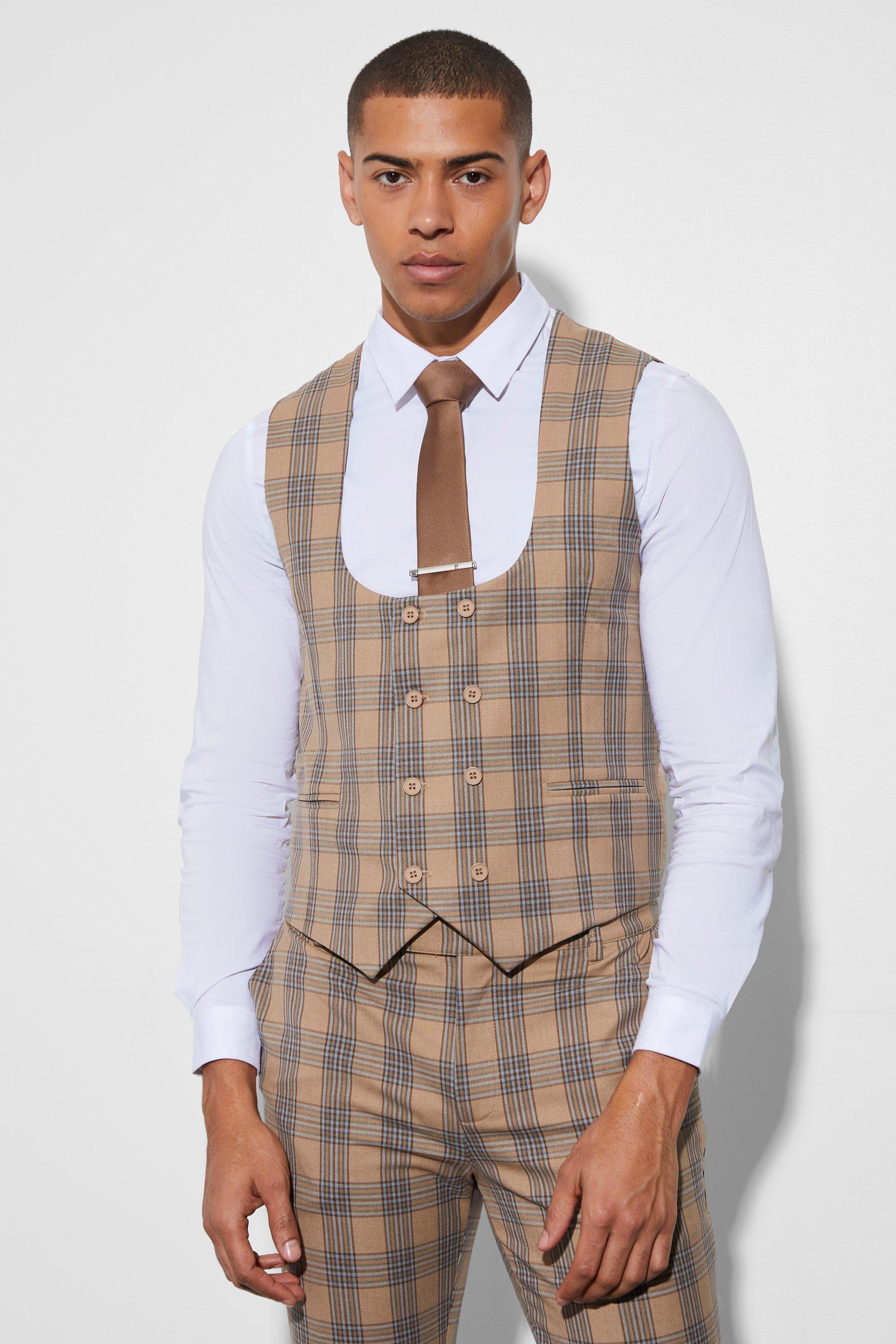 Beige Skinny Double Breasted Check Waistcoat