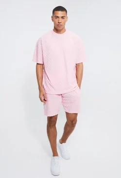 Oversized Diamond Towelling T-shirt & Short Set Pink