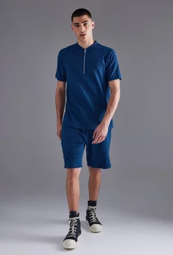 Slim Fit Textured Jersey Polo & Short Set Navy