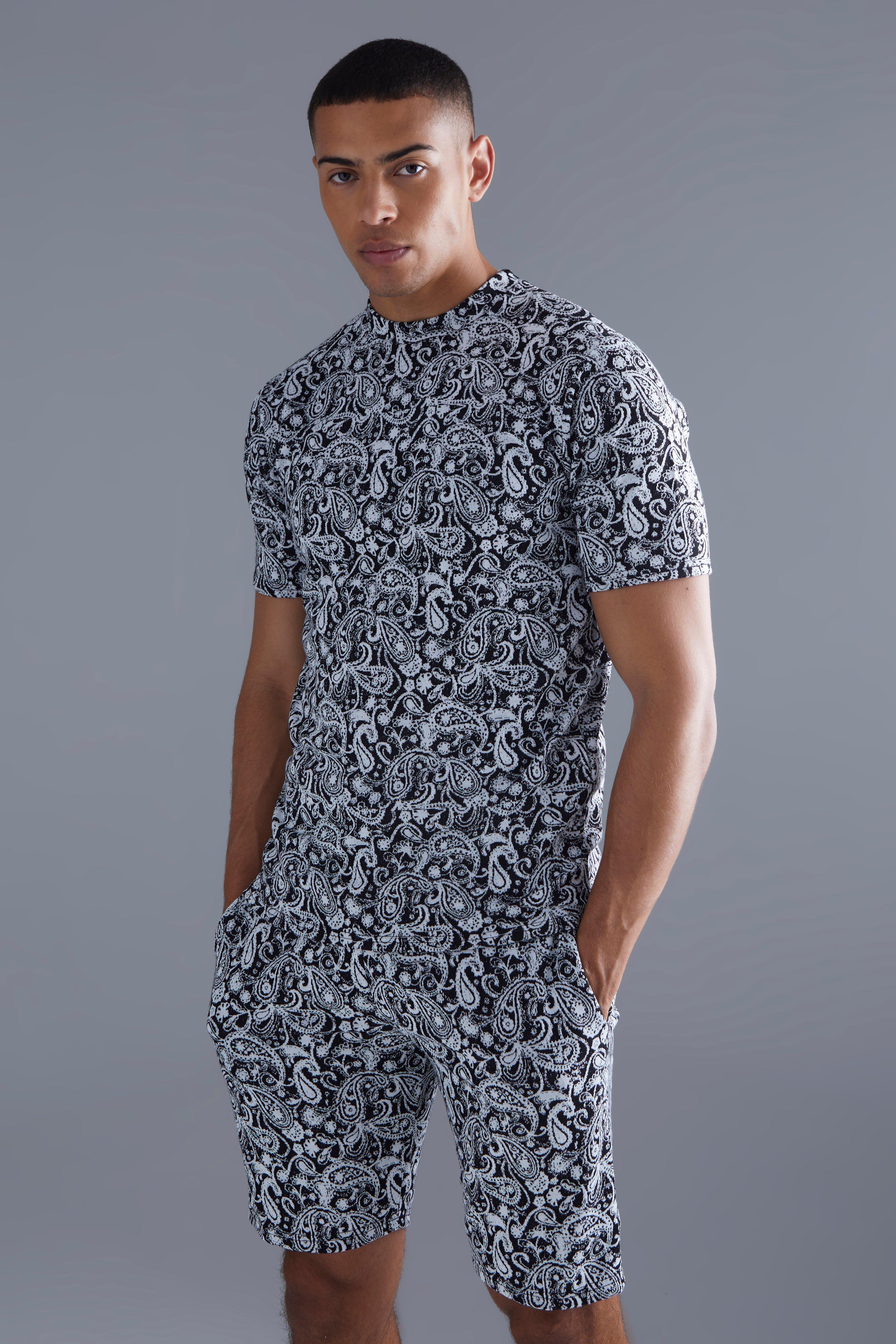 Slim Fit Paisley Jacquard T-shirt & Short Set | boohooMAN USA