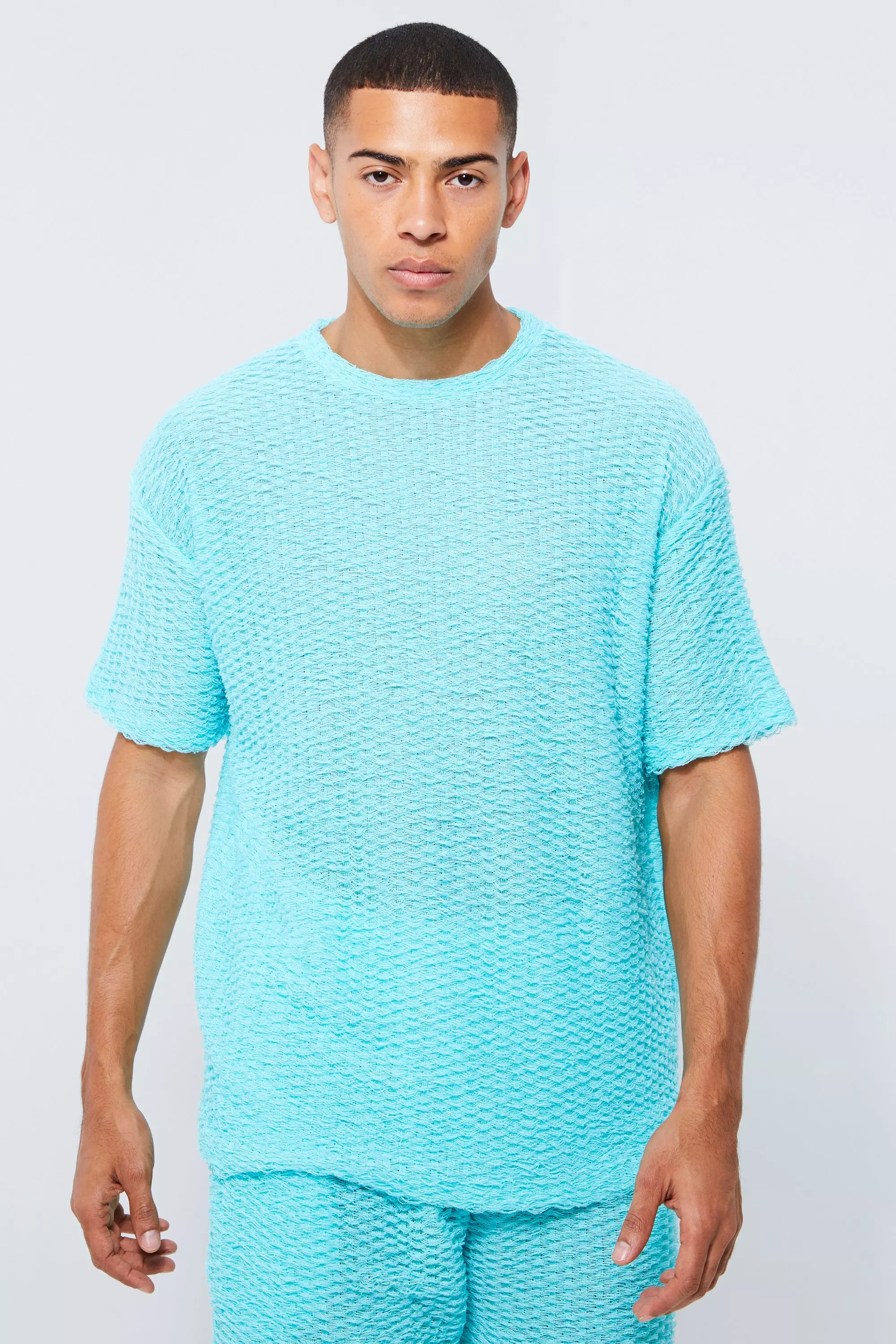 Oversized Textured Fringe T-shirt Aqua