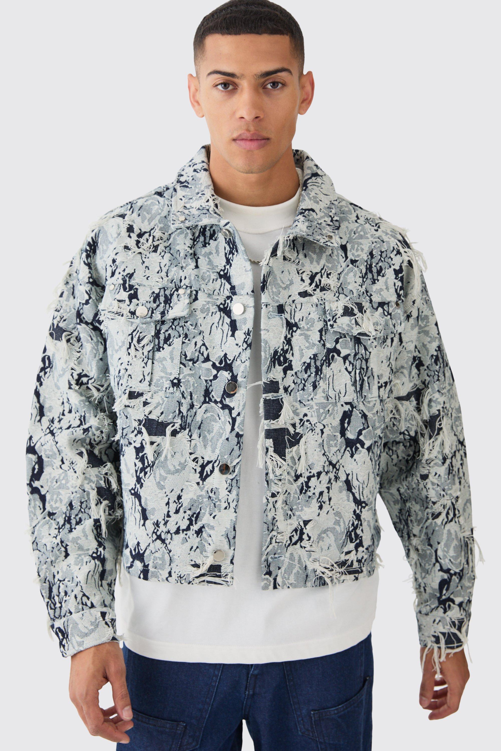 Boxy Distressed Tapestry Jean Jacket