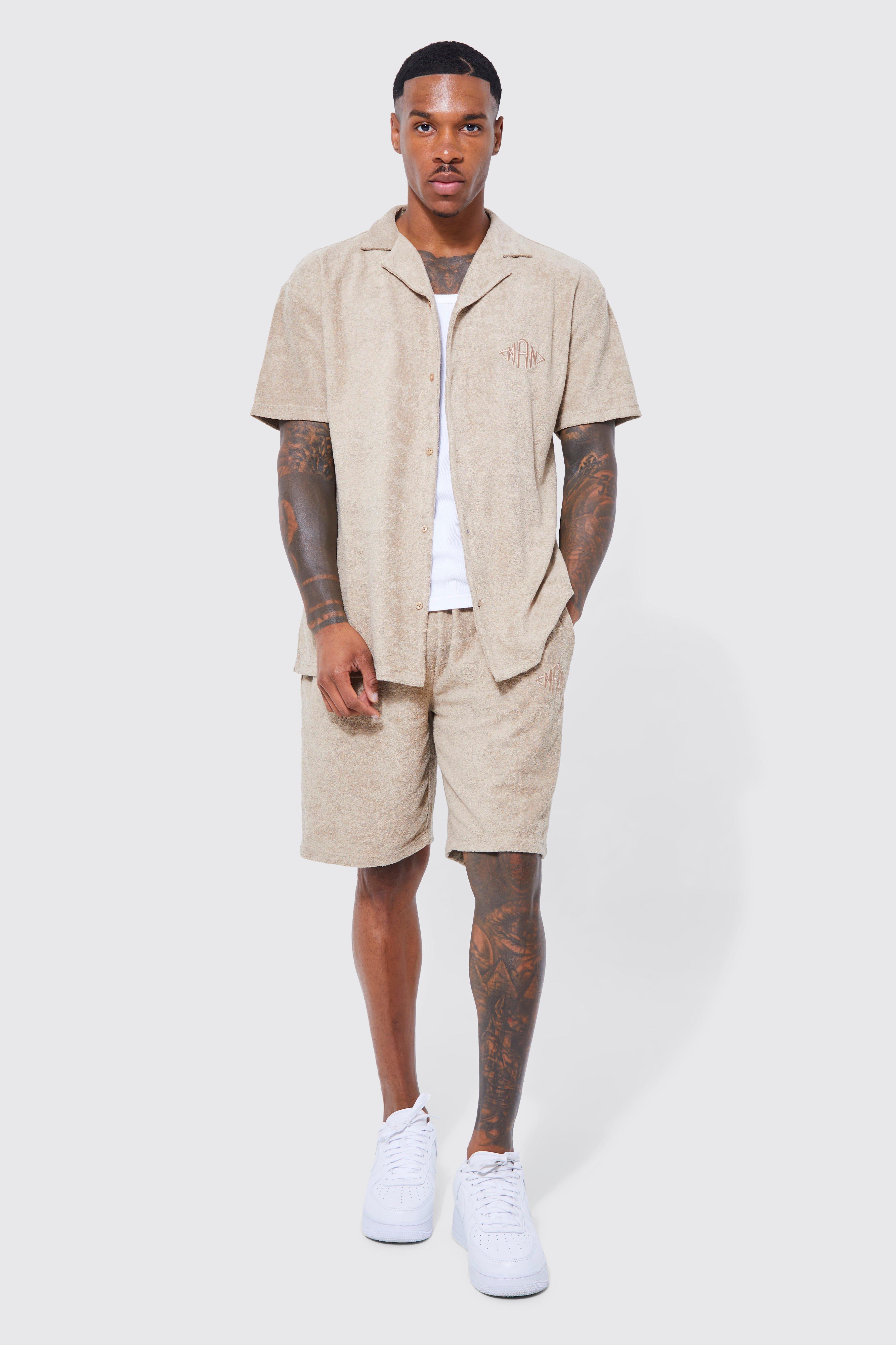 Man Towelling Shirt And Short Set boohooMAN USA