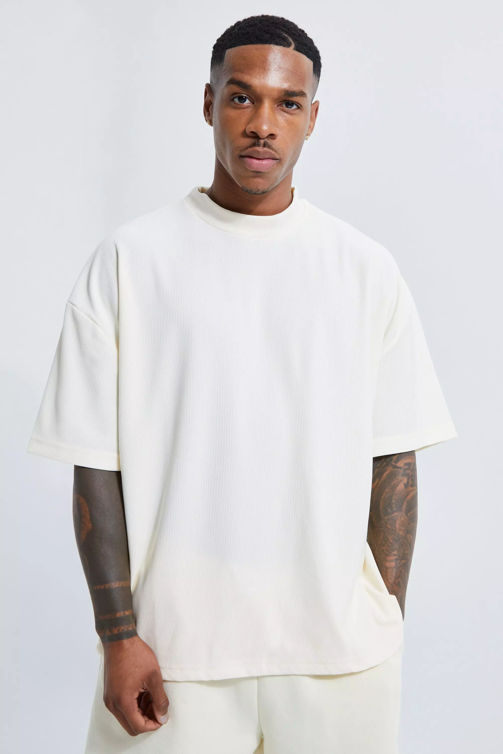 Oversized Extended Neck Ottoman Rib T-shirt Ecru