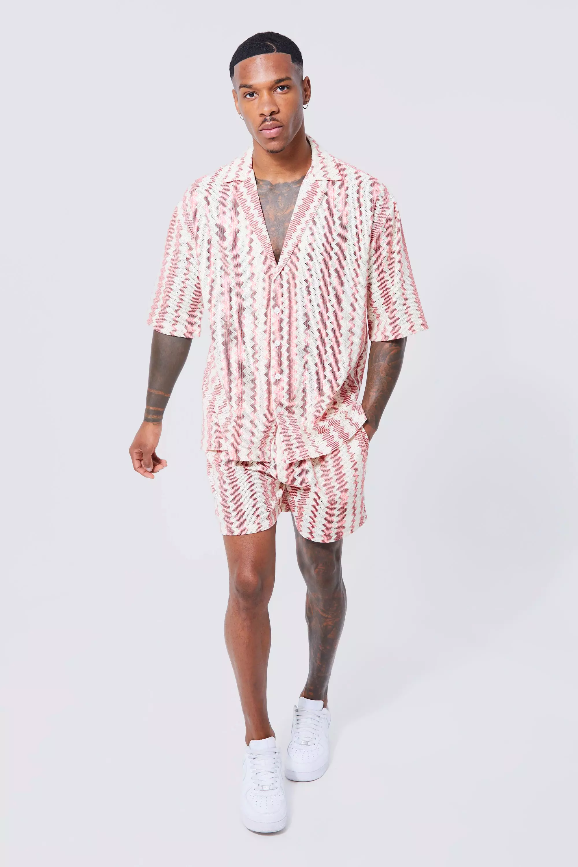 Short Sleeve Drop Revere Zig Zag Open Weave Shirt And Short Red