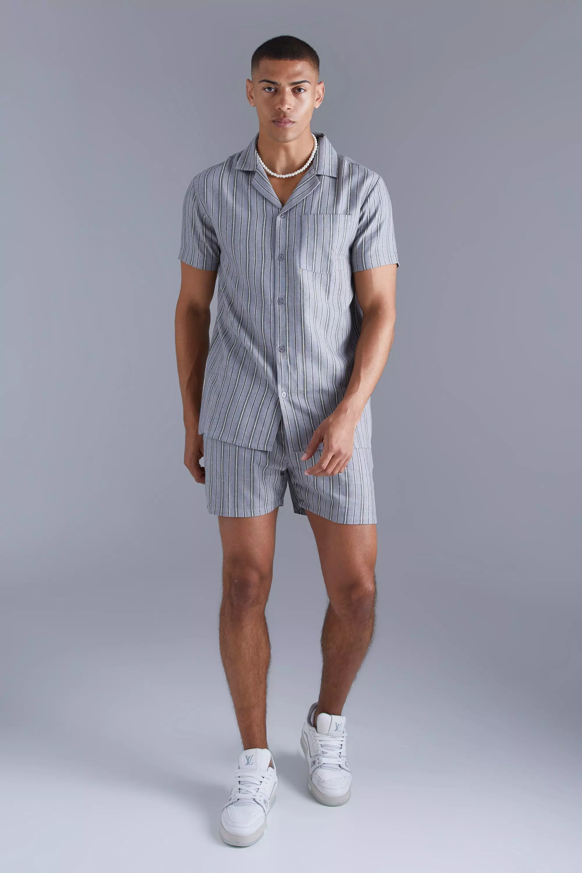 Short Sleeve Drop Revere Stripe Jacquard Shirt Set Grey