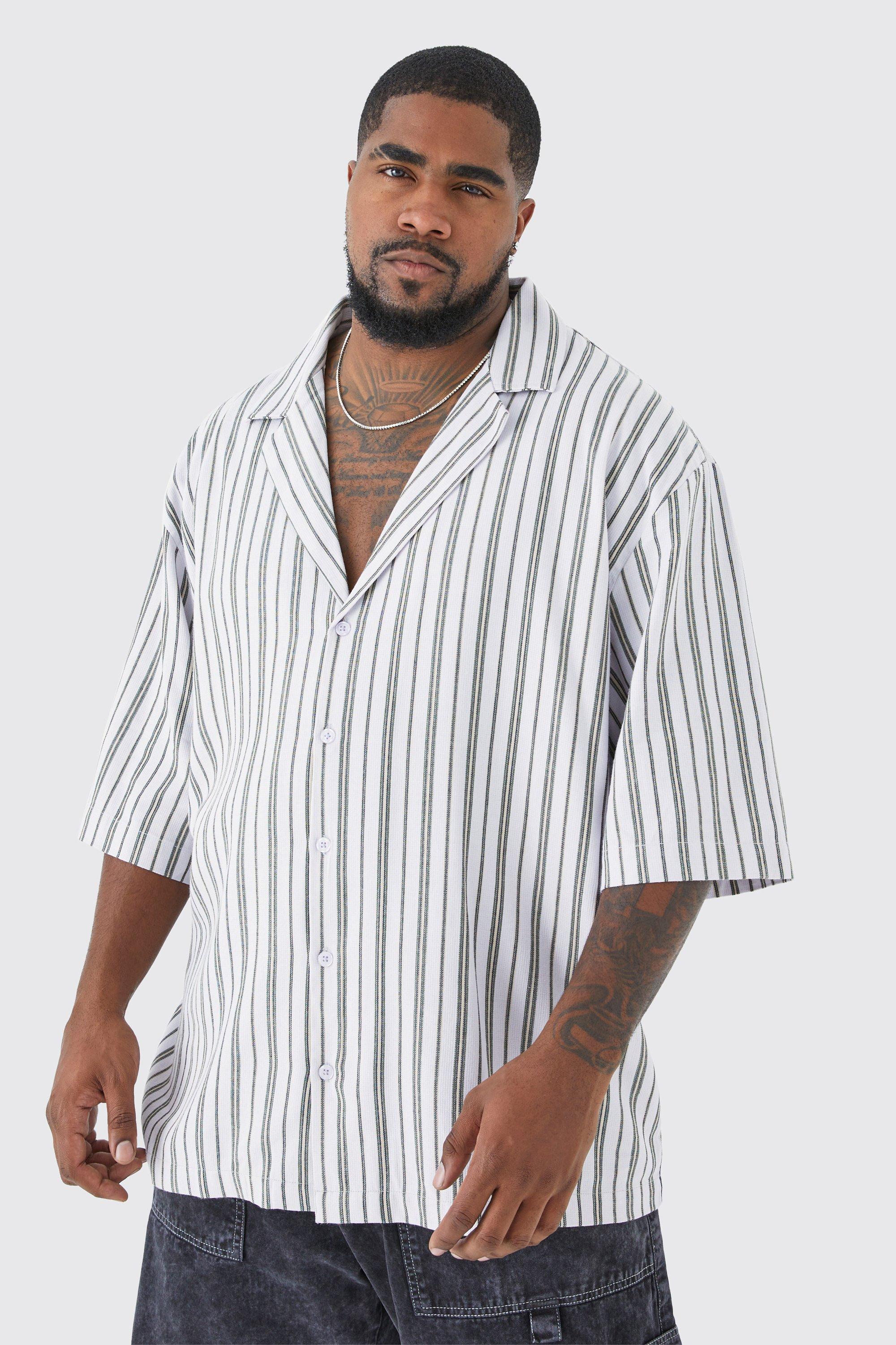 Plus Short Sleeve Drop Revere Stripe Jacquard Shirt | boohooMAN USA