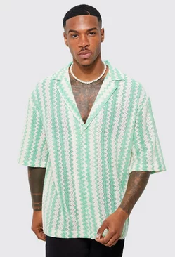 Short Sleeve Drop Revere Zig Zag Open Weave Shirt Green