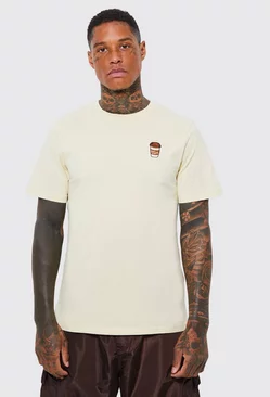 Sand Beige Coffee Cup Embroidered T-shirt