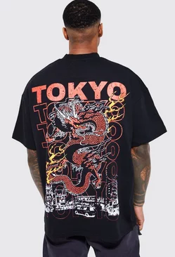 Black Oversized Extended Neck Tokyo Dragon T-shirt