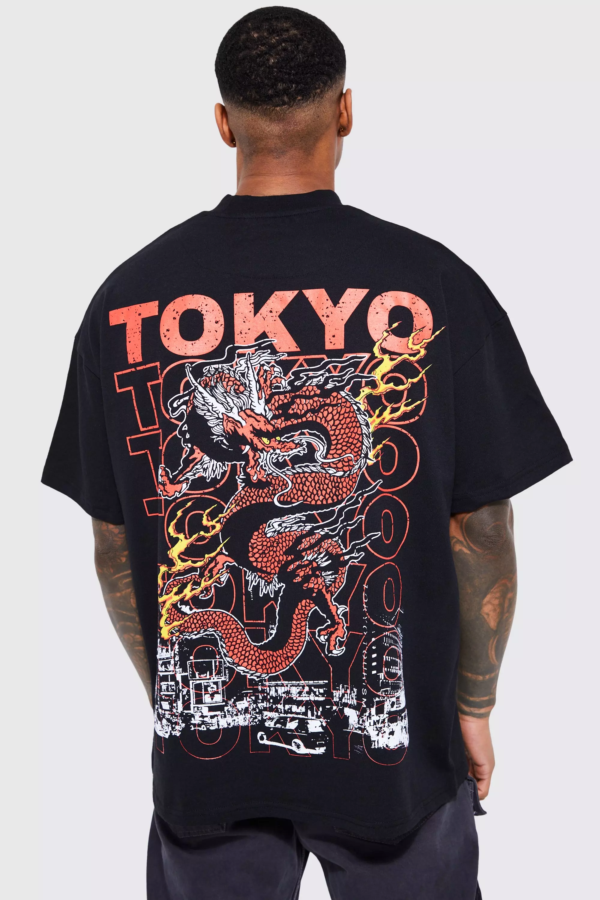Oversized Extended Neck Tokyo Dragon T-shirt Black