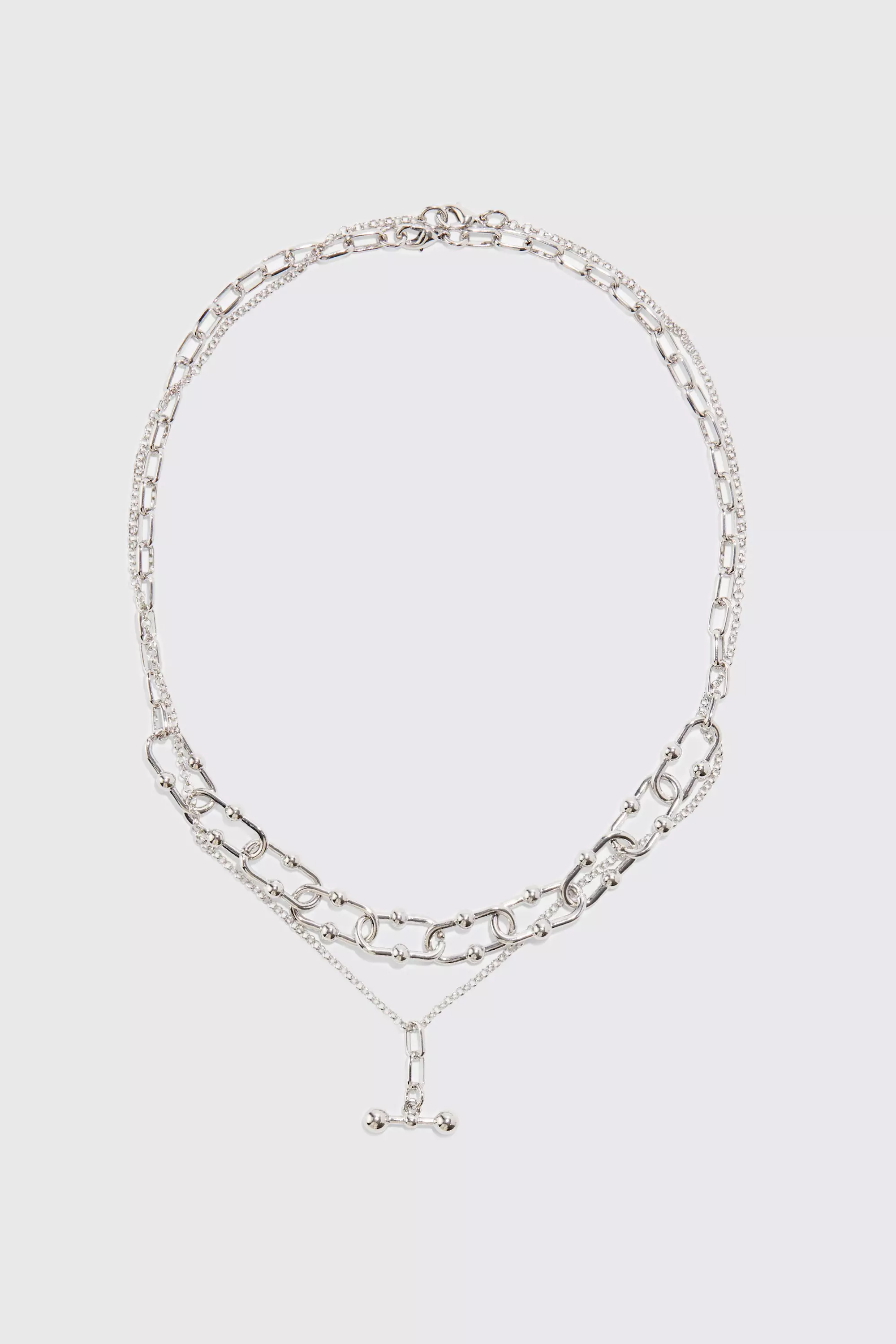 T Bar Multi Layer Necklace Silver