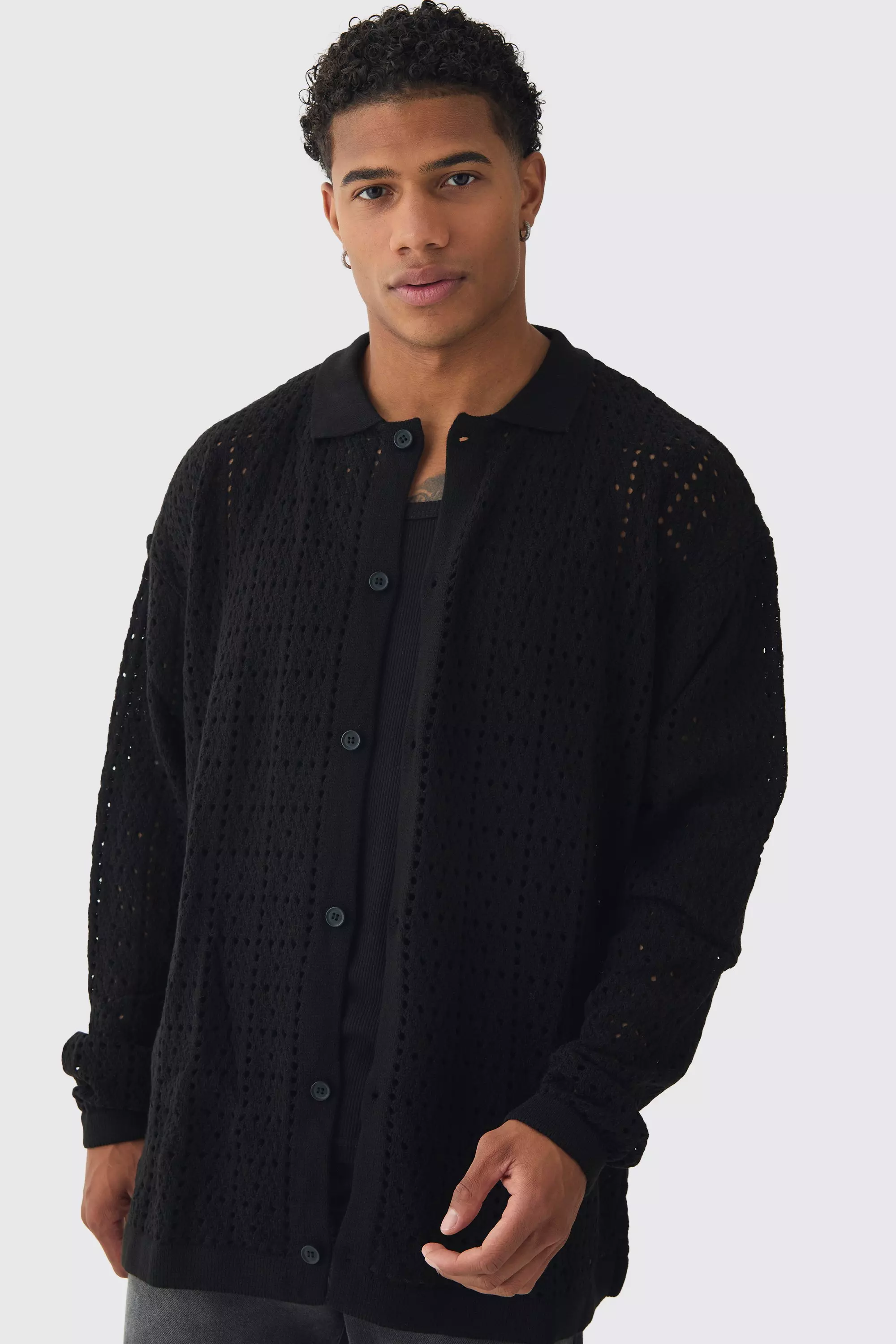 Oversized Long Sleeve Crochet Shirt Black