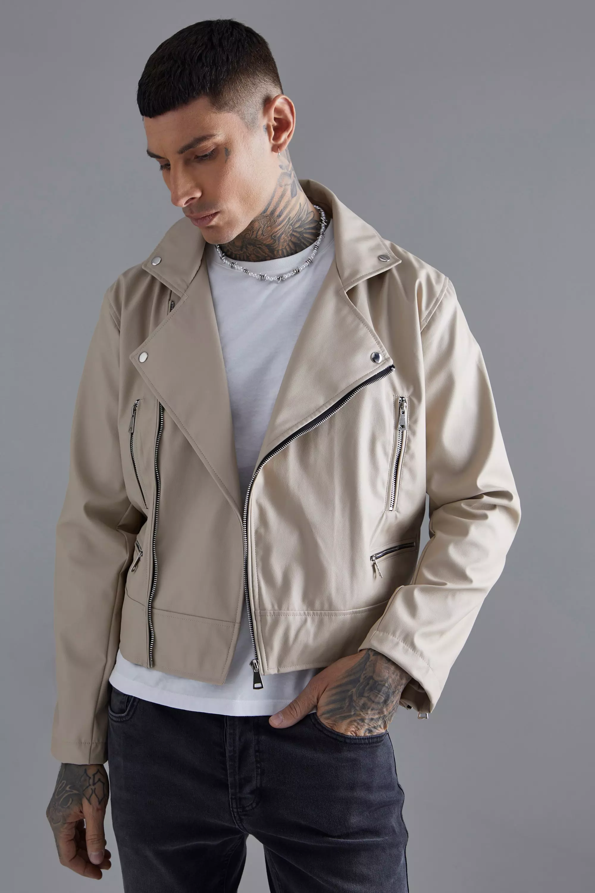 Boxy Fit Faux Leather Biker Jacket boohooMAN USA