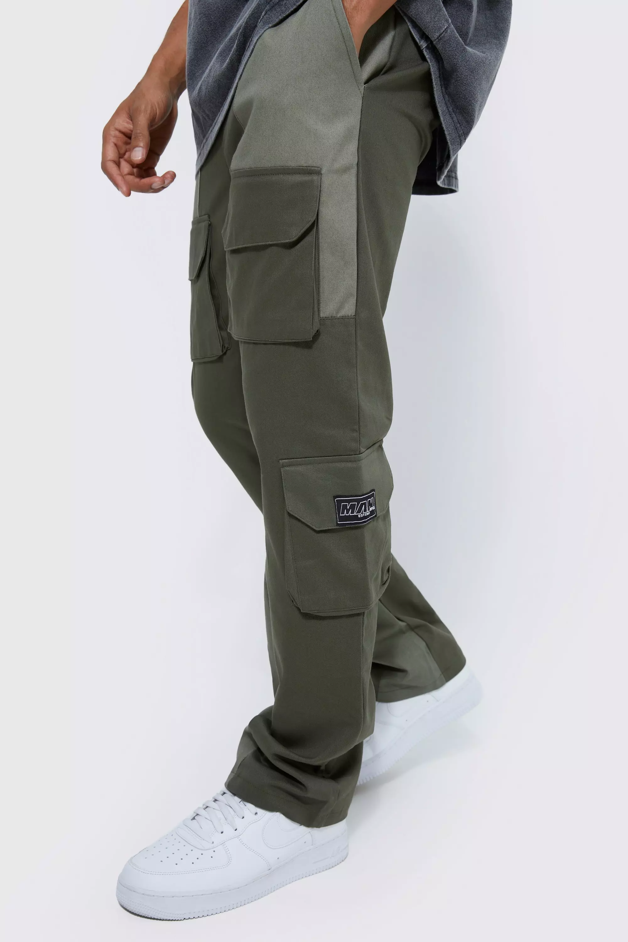 Khaki Fixed Slim Flare Colourblock Cargo Pants