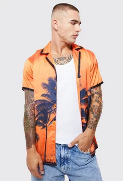 Short Sleeve Satin Palm Shirt Orange